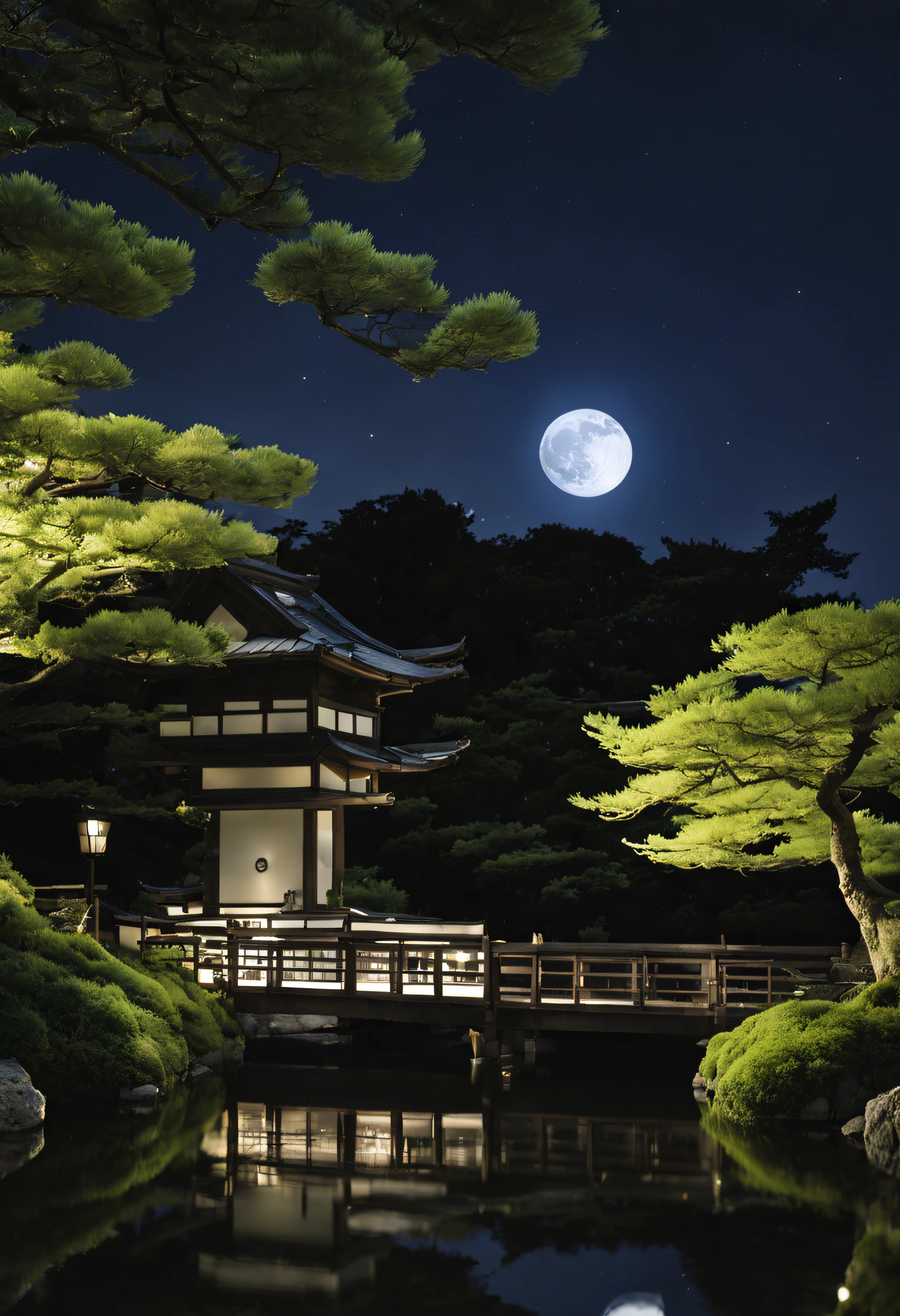Live Action、very real、Japanese garden、nigh sky、a moon、Aurora