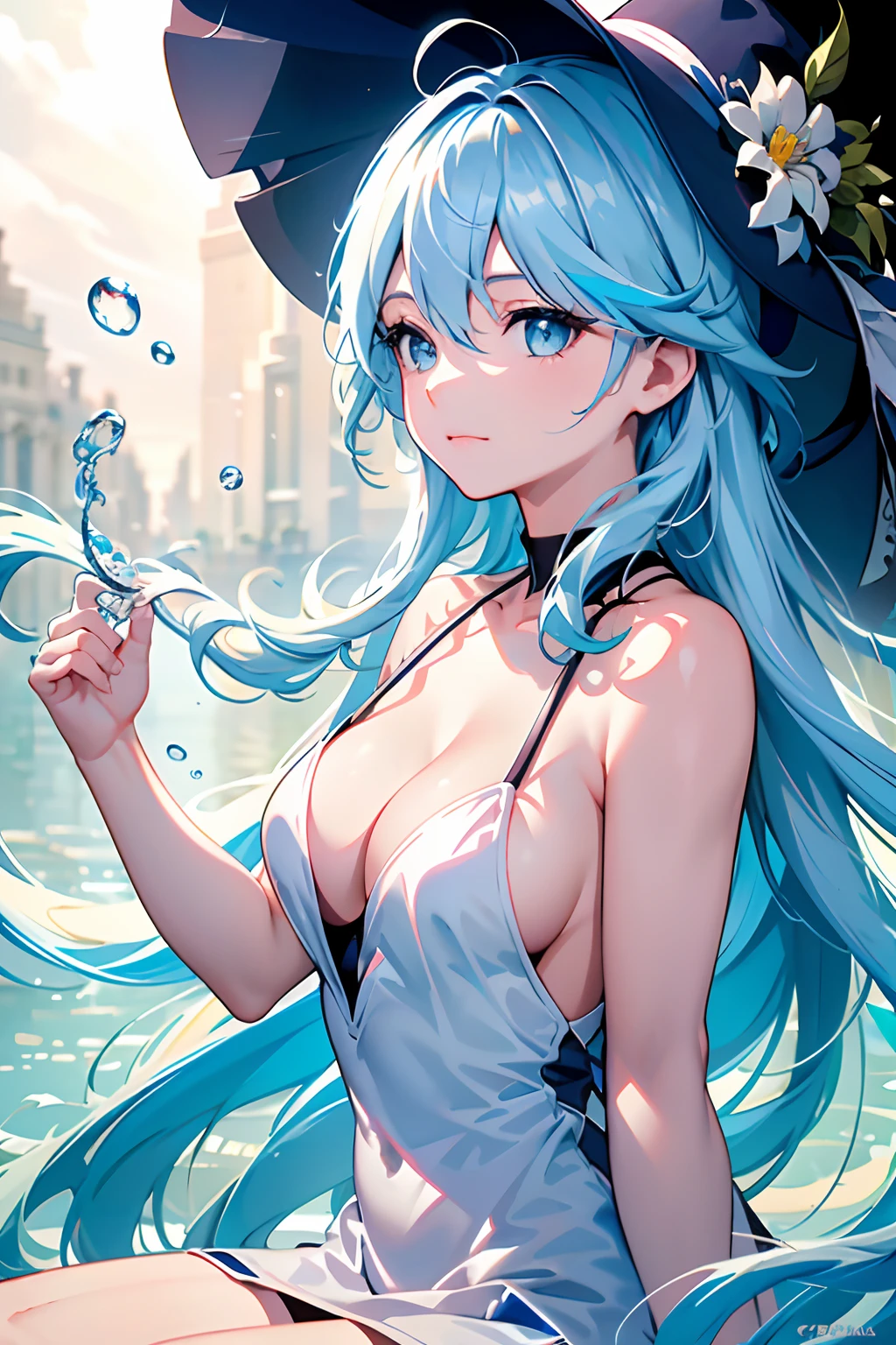 (best quality, masterpiece, highres tyndall effect,photorealistic, dark studio, rim lighting, two tone lighting,(high detailed skin:1.2), 8k uhd, dslr, soft lighting, high quality, volumetric lighting, candid, Photograph, high resolution, 4k, 8k), 1girl , backless dress , bare arms , blue eyes , blue hair , breasts , bubble , cleavage , closed mouth , cowboy shot , cowlick , from side , holding flower , light blue hair , long hair , multicolored hair , sideboob , sitting , white sleeveless dress , solo , spaghetti strap , streaked hair , water , white headwear, furina (genshin impact)