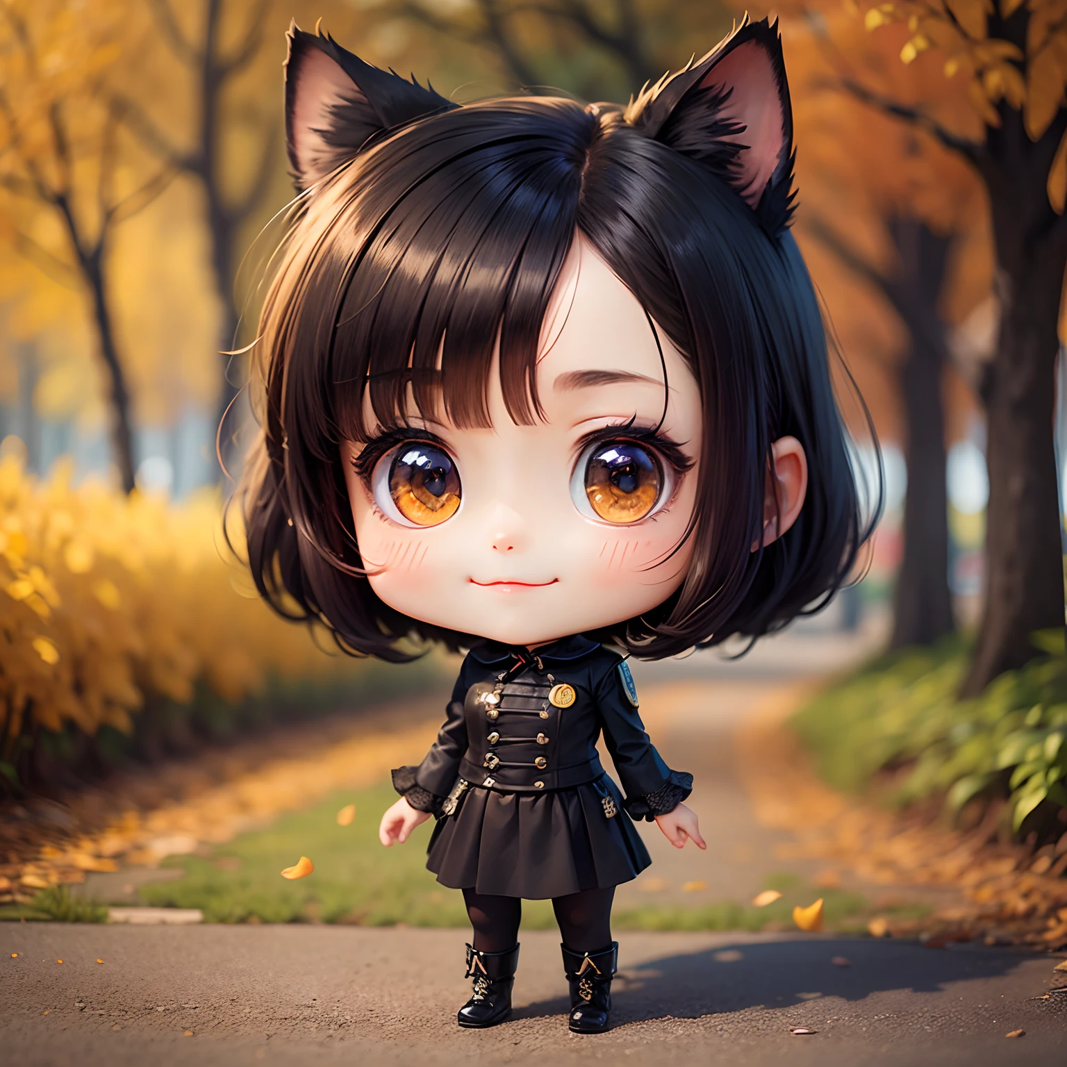 masterpiece、top-quality、ultra-detailliert、(Chibi Chara's Daughter:1.2)、Cute chibi character with a black cat face、Black Bob、wraith、The background is Van Gogh's Autumn flower art、Standing、a smile