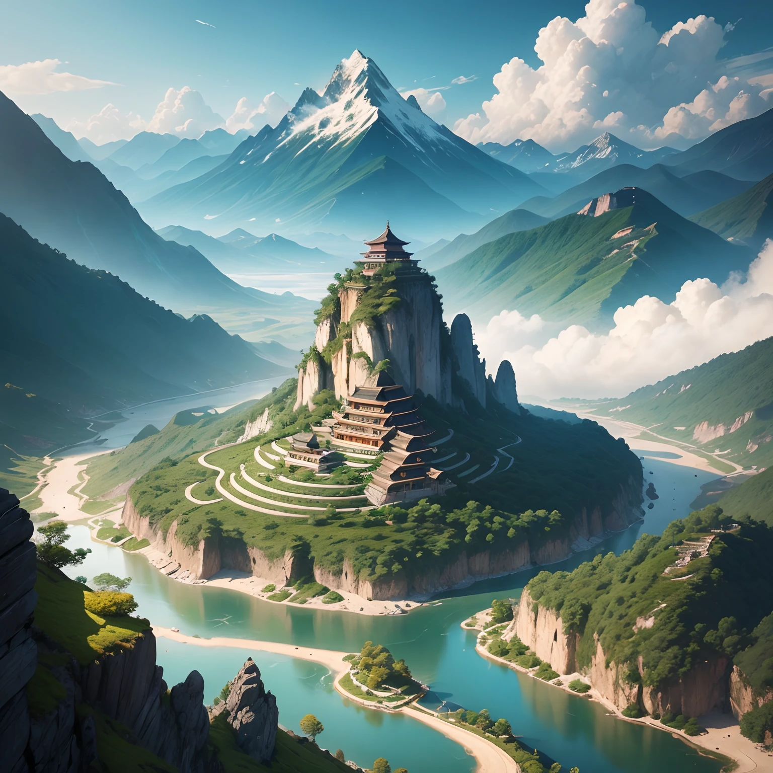 Ancient Chinese landscapes, Mountains, rivers, Auspicious clouds, Sunshine, Masterpieces, Super detail, Epic composition, Ultra HD, High quality, Extremely detailed, offcial art, Unified 8k wallpaper, Super detail, 32k -- v 6