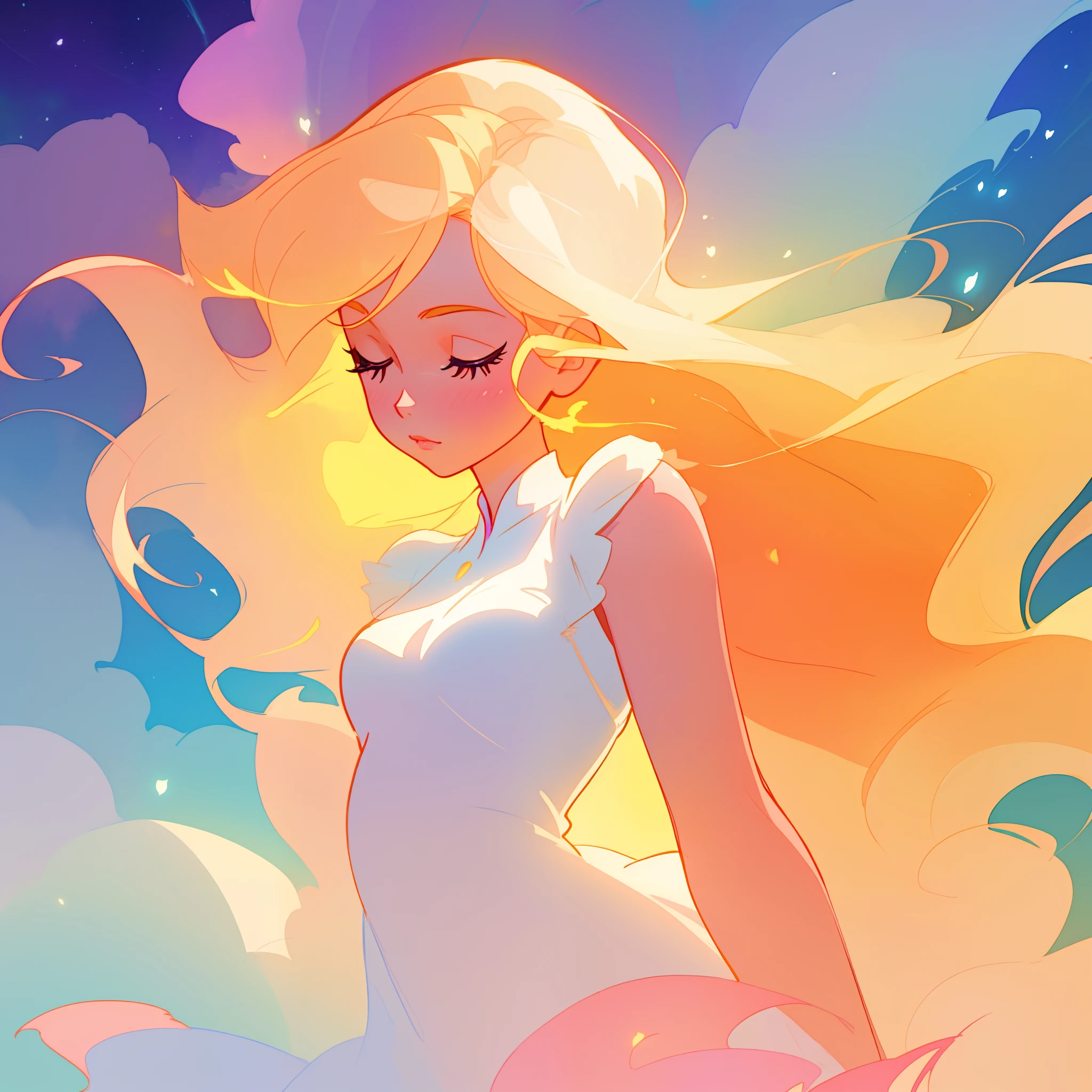 beautiful girl in white dress, fairy dress, long golden hair, watercolor illustration, inspired by Glen Keane, inspired by Lois van Baarle, disney art style, by Lois van Baarle, glowing aura around her, by Glen Keane, jen bartel, glowing lights! digital painting, flowing glowing hair, glowing flowing hair, beautiful digital illustration, fantasia otherworldly landscape plants flowers, beautiful, masterpiece, best quality, anime disney style