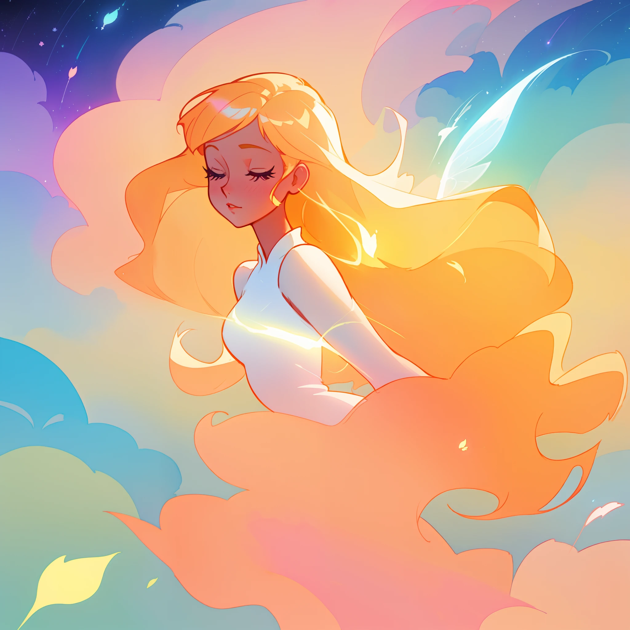 beautiful girl in white dress, fairy dress, long golden hair, watercolor illustration, inspired by Glen Keane, inspired by Lois van Baarle, disney art style, by Lois van Baarle, glowing aura around her, by Glen Keane, jen bartel, glowing lights! digital painting, flowing glowing hair, glowing flowing hair, beautiful digital illustration, fantasia otherworldly landscape plants flowers, beautiful, masterpiece, best quality, anime disney style