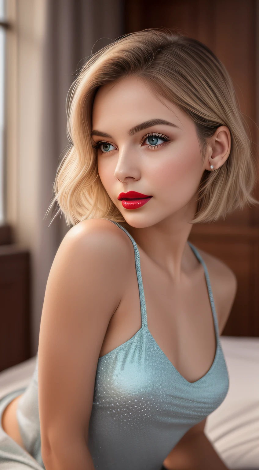 High quality, ultra-realistic mugshot of a beautiful 1 busty European teen with a cute hyper-detailed shy and happy face, a classic platinum blonde haircut shoulder length and open legs realistic round eyes, red lip gloss, decent makeup with eyeliner, She wears a Prussian blue buttoned satin blouse and a lace bra.., neckline, hourglass body, interior office photography, lying down 