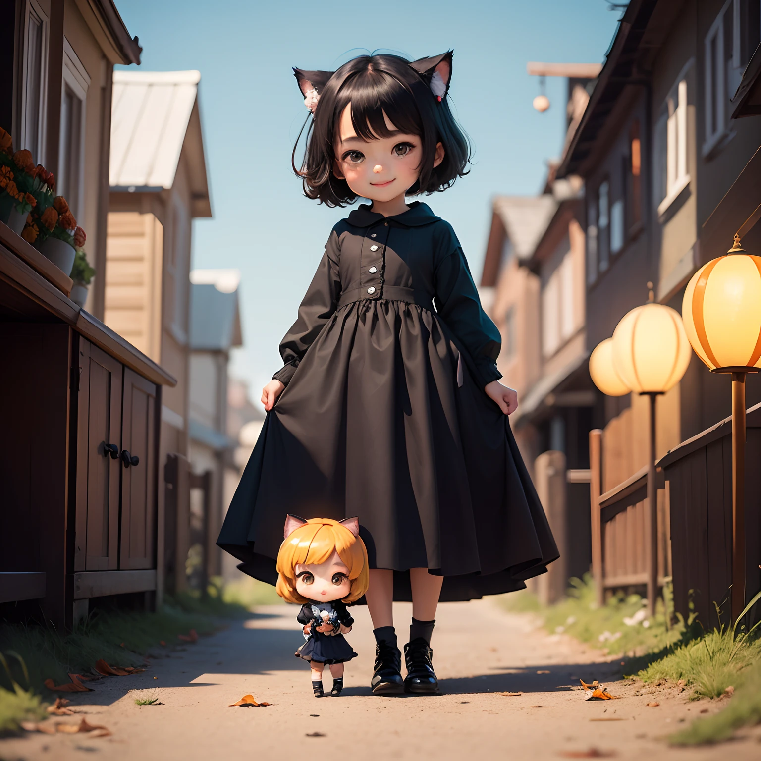 masterpiece、top-quality、ultra-detailliert、(Chibi Chara's Daughter:1.2)、A cute chibi character with a black cat face、Black Bob、wraith、The background is Van Gogh's painting of autumn flowers、Standing、A smile、Holding a black cat