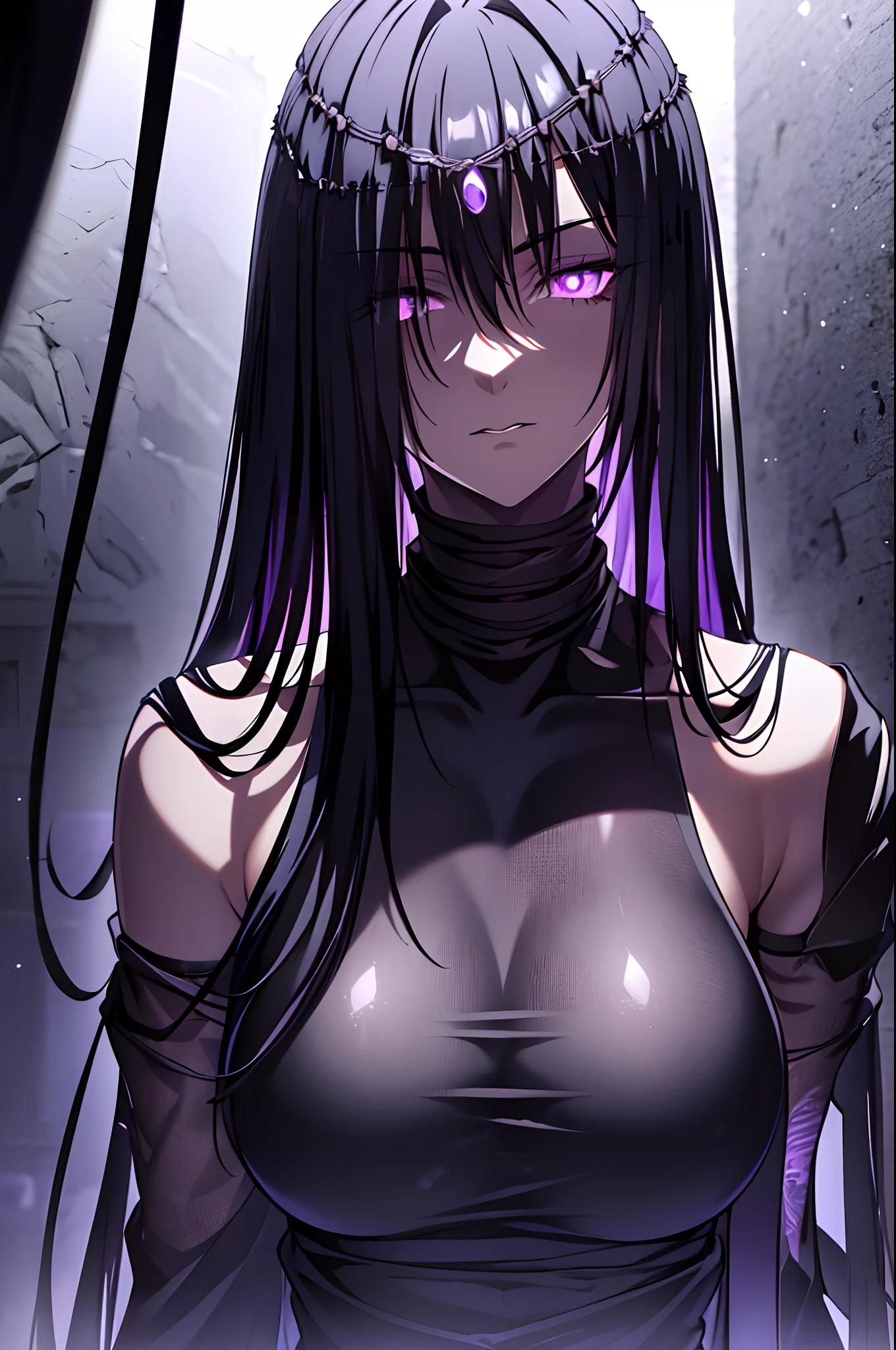 black shiny hair,purple eyes,glowing eyes,shadows beneath eyes,long hair,half closed eyes,ferronnières,black transparent veilbondage,((tied up)),((bondage)),(rope)