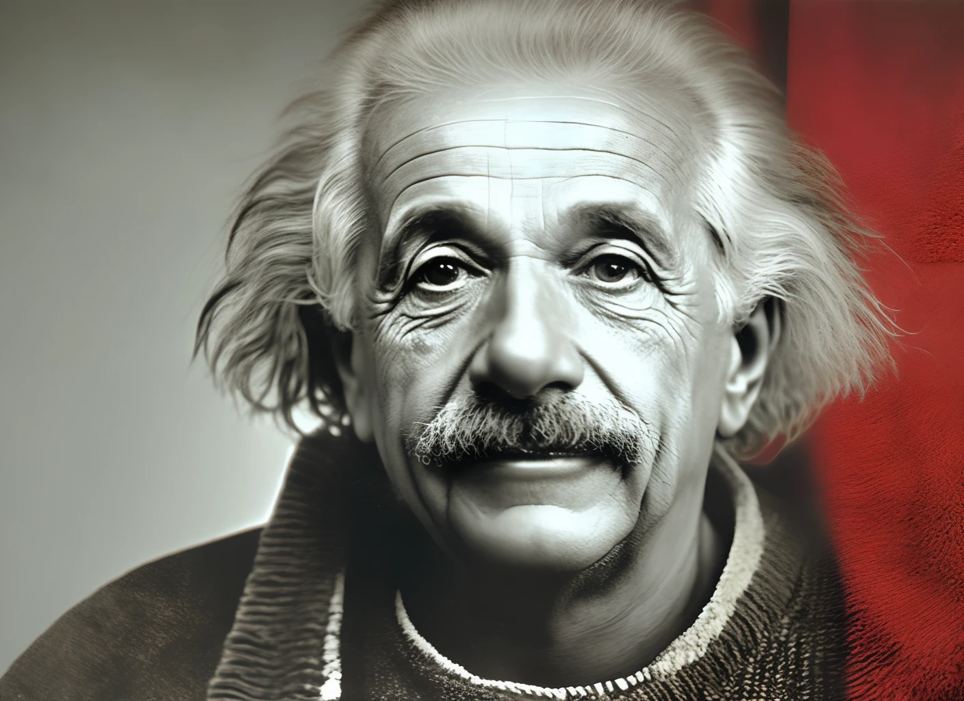 Albert Einstein wearing a red towel on his head