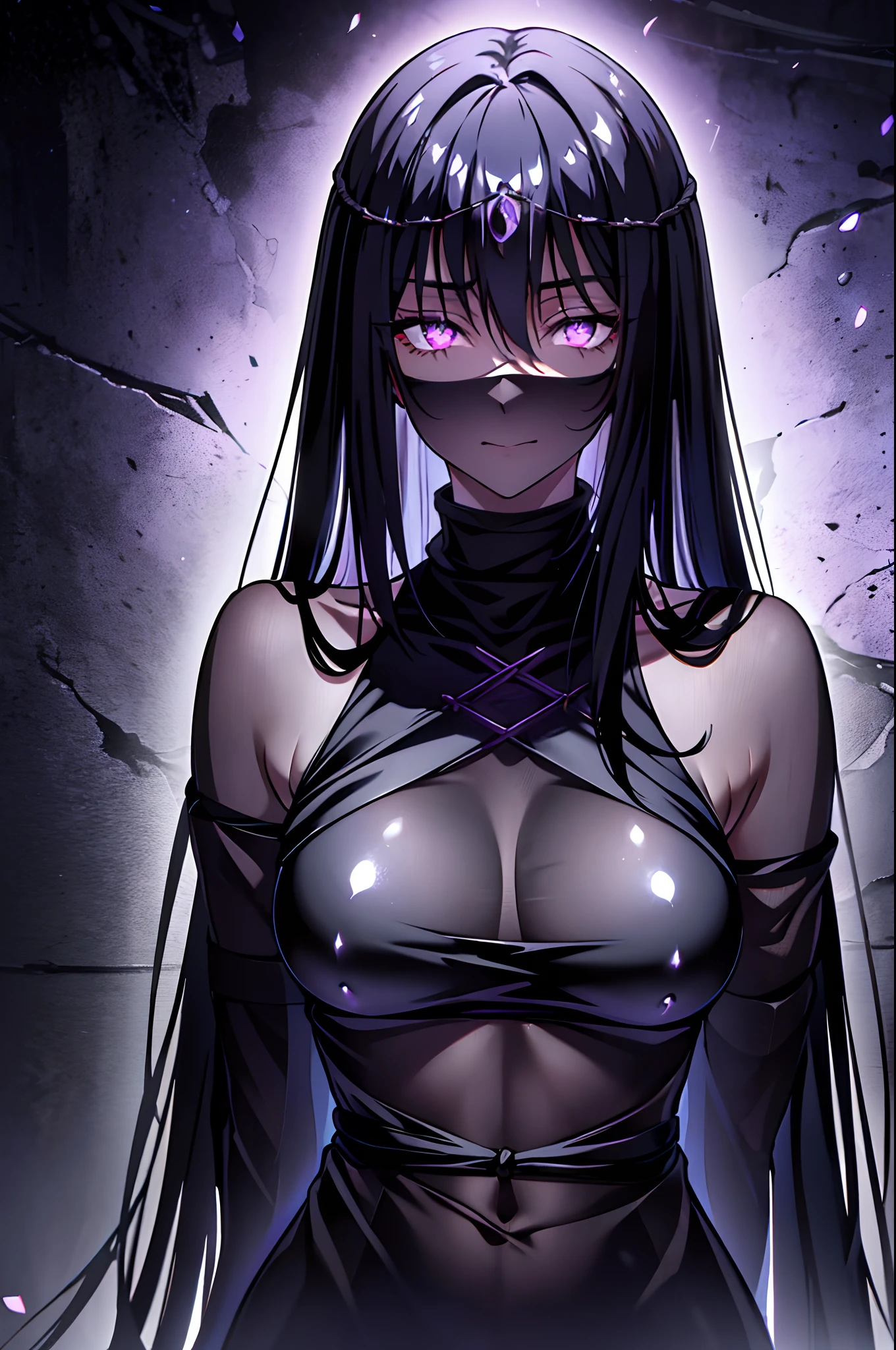 black shiny hair,purple eyes,glowing eyes,shadows beneath eyes,long hair,half closed eyes,ferronnières,black transparent veilbondage,((tied up)),((bondage)),(rope)