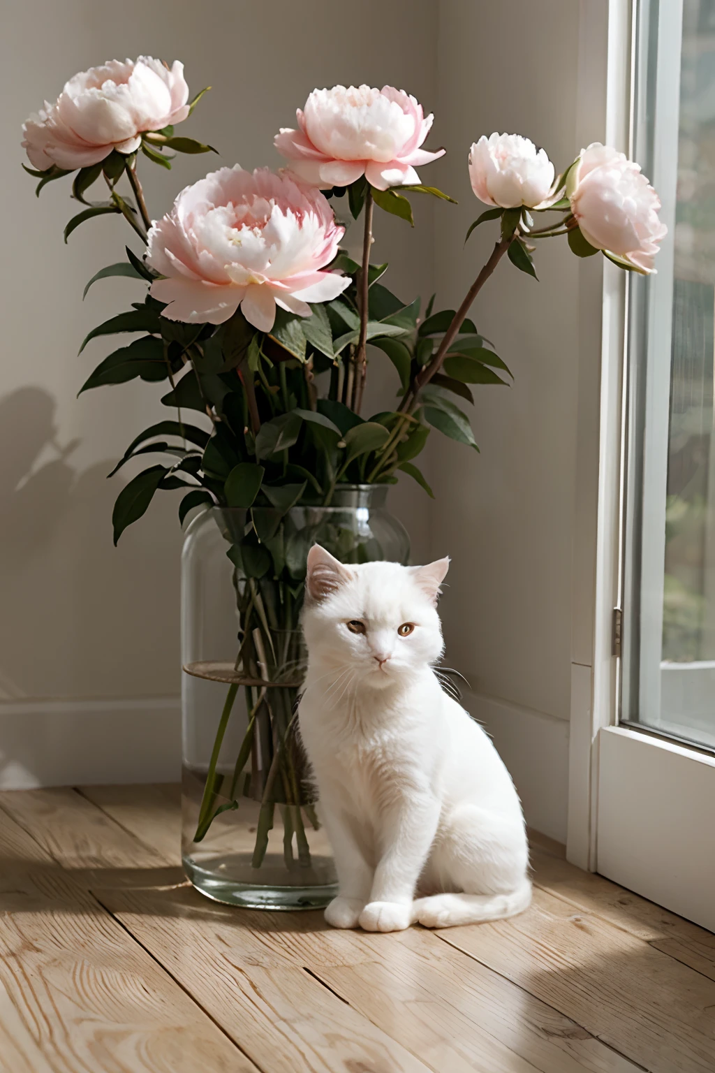 cute small white cat sit beside the peonies vase
