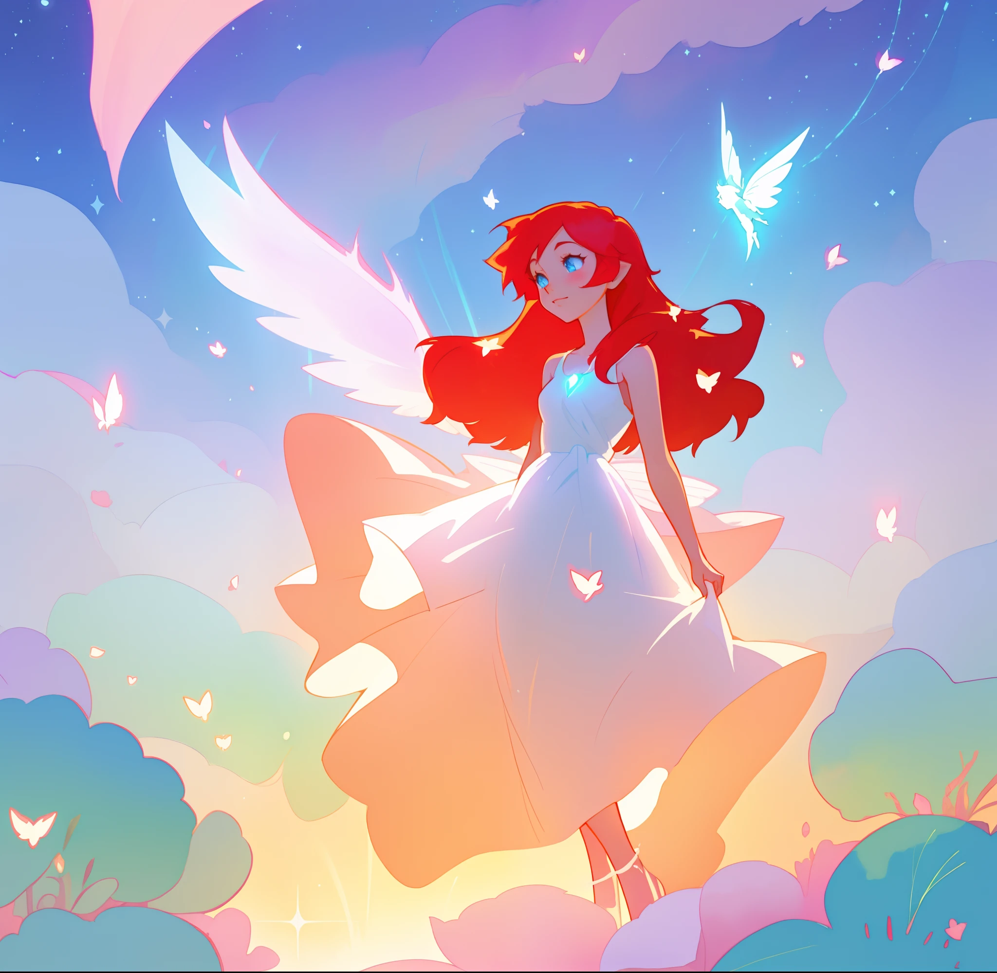 beautiful fairy girl in flowing white dress, fairy dress, fairy queen, (glowing fairy wings), long red hair, sparkling fairy wings, watercolor illustration, inspired by Glen Keane, inspired by Lois van Baarle, disney art style, by Lois van Baarle, glowing aura around her, by Glen Keane, jen bartel, glowing lights! digital painting, flowing glowing hair, glowing flowing hair, beautiful digital illustration, fantasia otherworldly landscape plants flowers, beautiful, masterpiece, best quality, anime disney style
