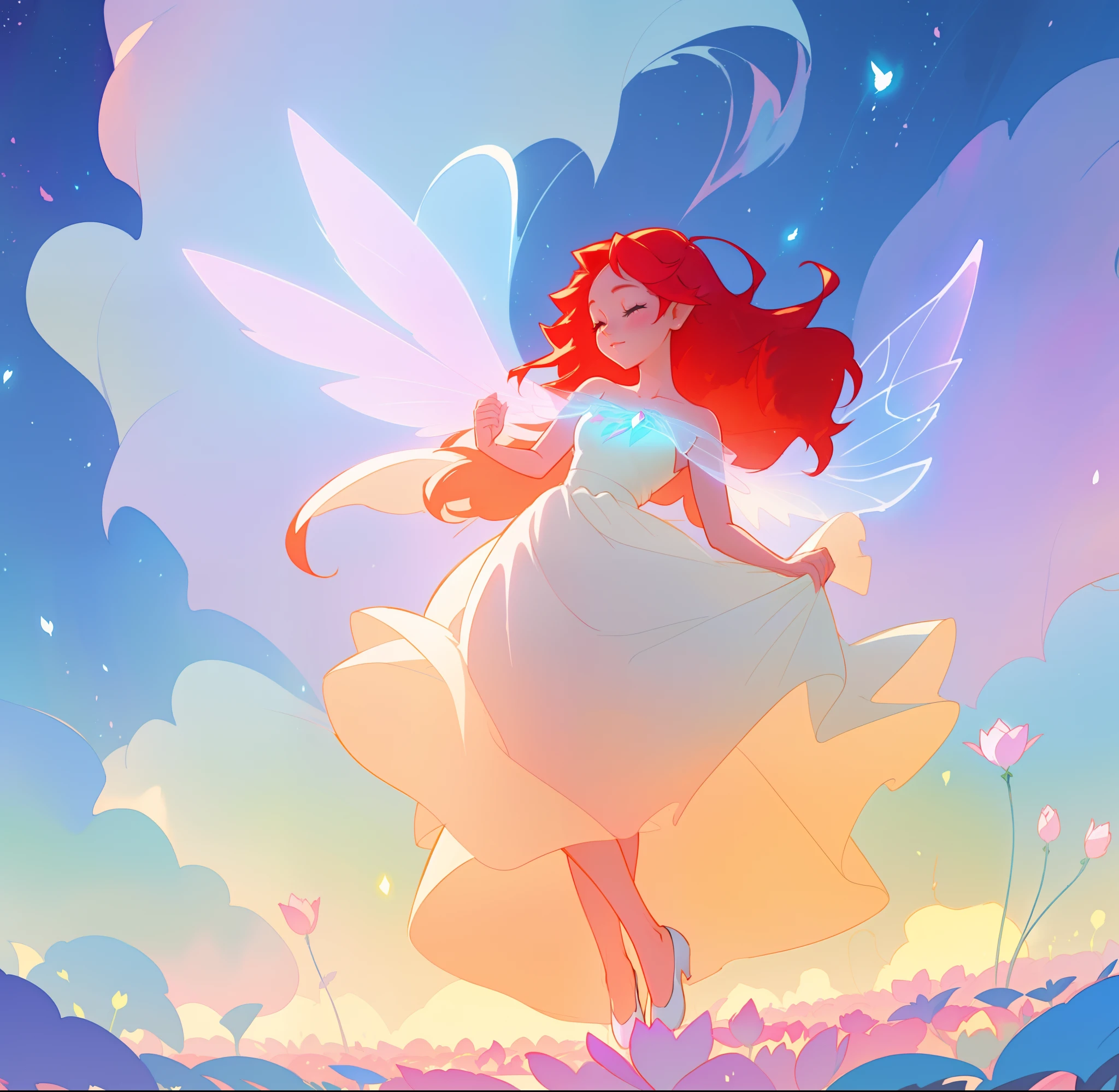 beautiful fairy girl in flowing white dress, fairy dress, fairy queen, (glowing fairy wings), long red hair, sparkling fairy wings, watercolor illustration, inspired by Glen Keane, inspired by Lois van Baarle, disney art style, by Lois van Baarle, glowing aura around her, by Glen Keane, jen bartel, glowing lights! digital painting, flowing glowing hair, glowing flowing hair, beautiful digital illustration, fantasia otherworldly landscape plants flowers, beautiful, masterpiece, best quality, anime disney style