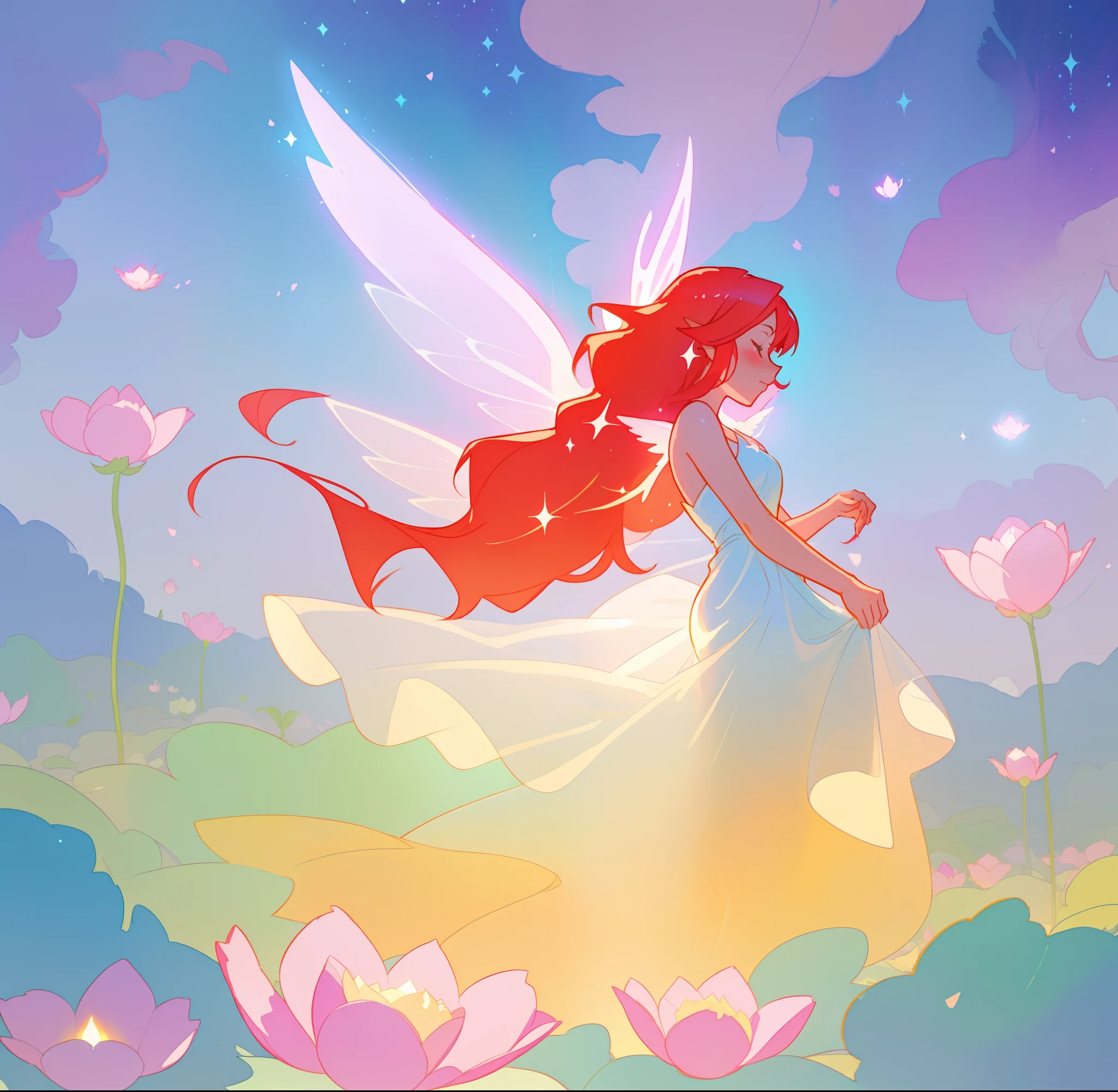 beautiful fairy girl in flowing white dress, fairy dress, fairy queen, (glowing fairy wings), long red hair, sparkling fairy wings, watercolor illustration, inspired by Glen Keane, inspired by Lois van Baarle, disney art style, by Lois van Baarle, glowing aura around her, by Glen Keane, jen bartel, glowing lights! digital painting, flowing glowing hair, glowing flowing hair, beautiful digital illustration, fantasia otherworldly landscape plants flowers, beautiful, masterpiece, best quality, anime disney style