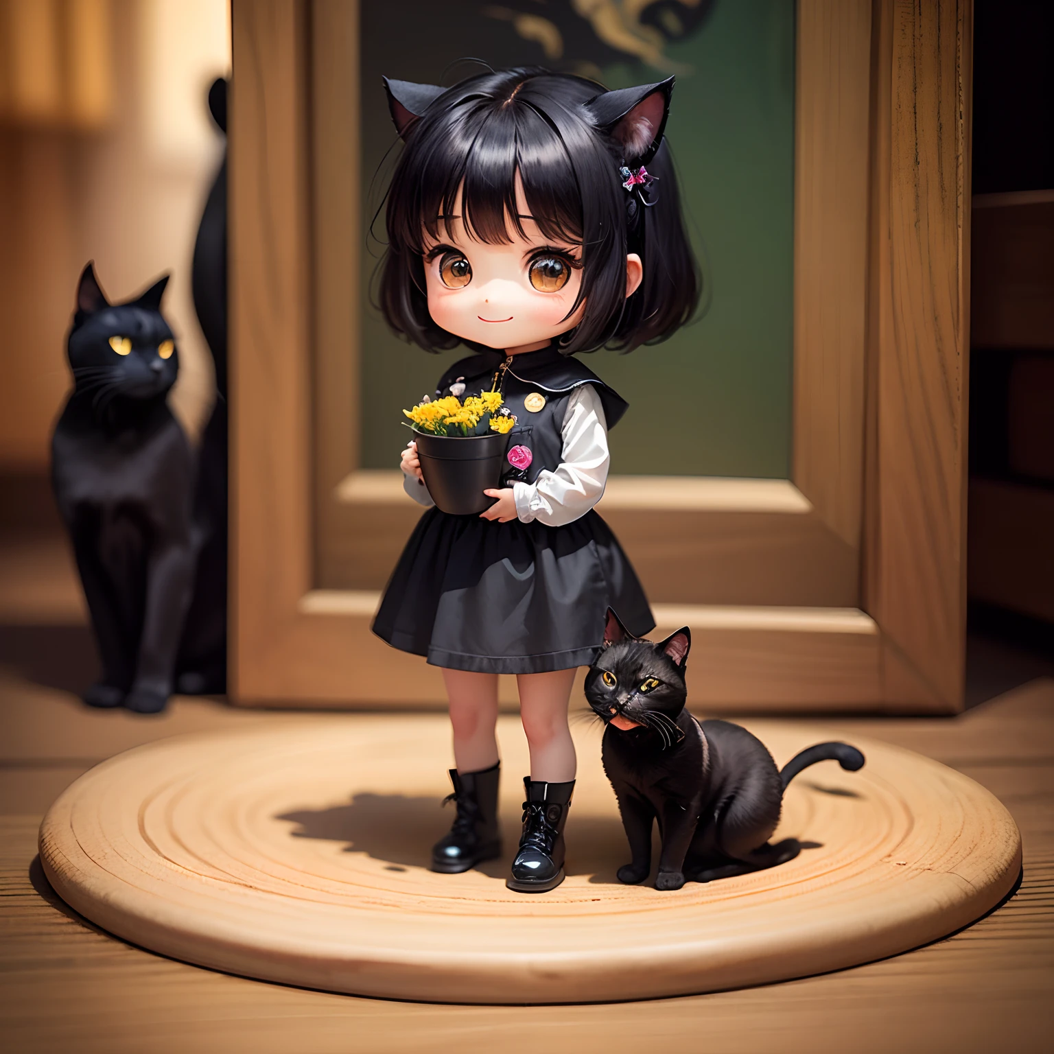 masterpiece、top-quality、ultra-detailliert、(Chibi Chara's Daughter:1.2)、A cute chibi character with a black cat face、Black Bob、wraith、The background is Van Gogh's painting of autumn flowers、Standing、A smile、Holding a black cat