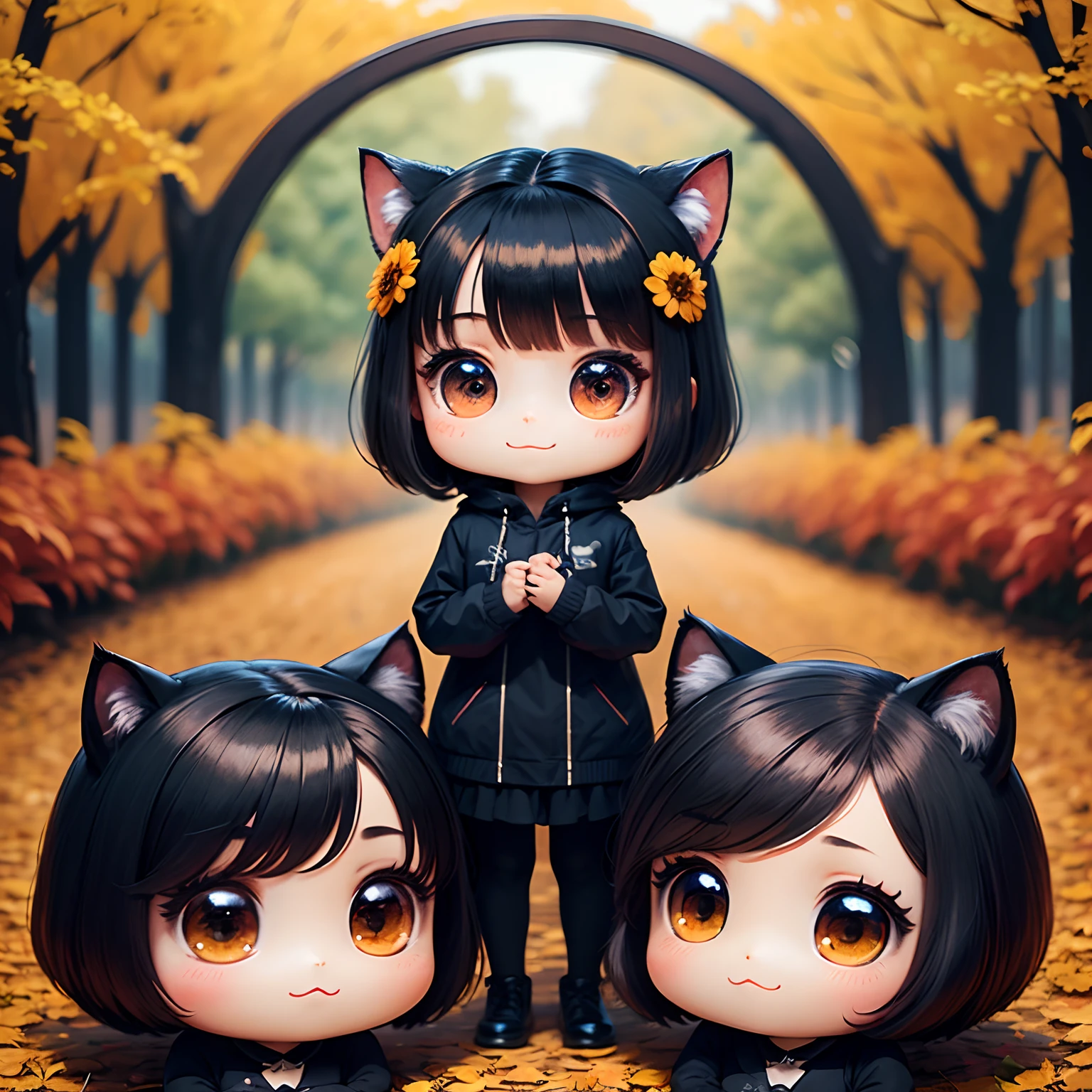 masterpiece、top-quality、ultra-detailliert、(Chibi Chara's Daughter:1.2)、A cute chibi character with a black cat face、Black Bob、wraith、The background is Van Gogh's painting of autumn flowers、Standing、A smile、Holding a black cat
