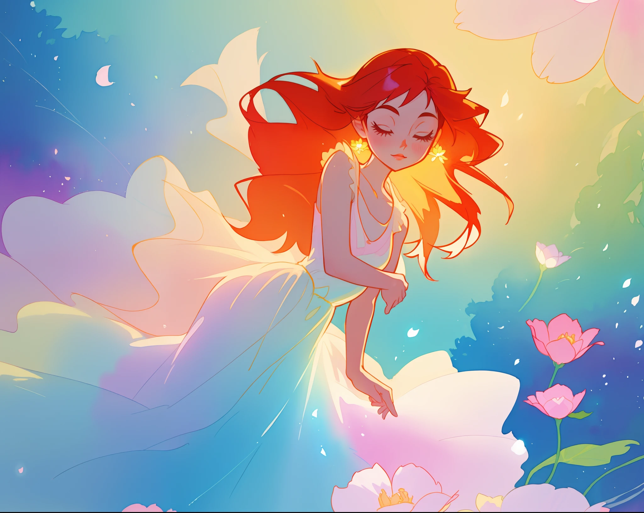 beautiful girl in flowing shimmering dress, fairy dress, long red hair, magical, whimsical, watercolor illustration, flowers and colorful plants, inspired by Glen Keane, inspired by Lois van Baarle, disney art style, by Lois van Baarle, glowing aura around her, by Glen Keane, jen bartel, glowing lights! digital painting, flowing glowing hair, glowing flowing hair, beautiful digital illustration, fantasia otherworldly landscape plants flowers, beautiful, masterpiece, best quality, anime disney style