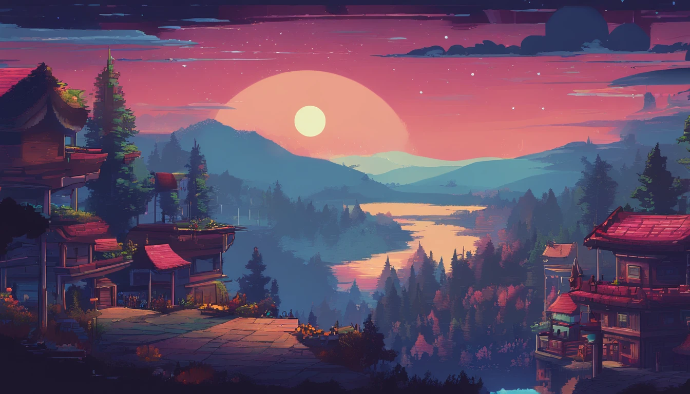 Pixel art of landscape, full moon, night, starry sky, beautiful detailed pixel art, detailed pixel art, Lofidel retro video game, concept pixelart, detailed pixel artwork, Pixel art style, pixel town, pixel art animation, high quality pixel art, super detailed color lowpoly art, #Pixel art:3, # Pixel art, #Pixel art