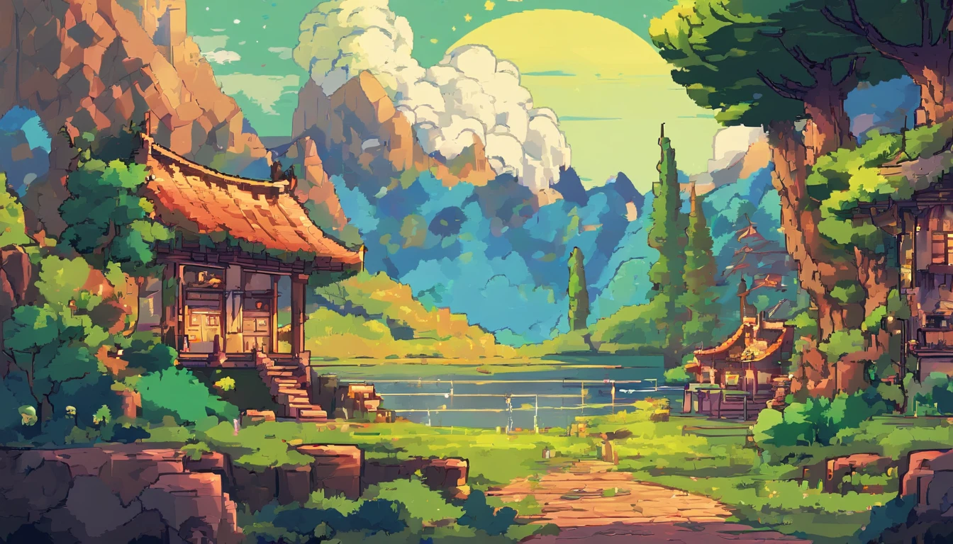 Pixel art of landscape, full moon, night, starry sky, beautiful detailed pixel art, detailed pixel art, Lofidel retro video game, concept pixelart, detailed pixel artwork, Pixel art style, pixel town, pixel art animation, high quality pixel art, super detailed color lowpoly art, #Pixel art:3, # Pixel art, #Pixel art