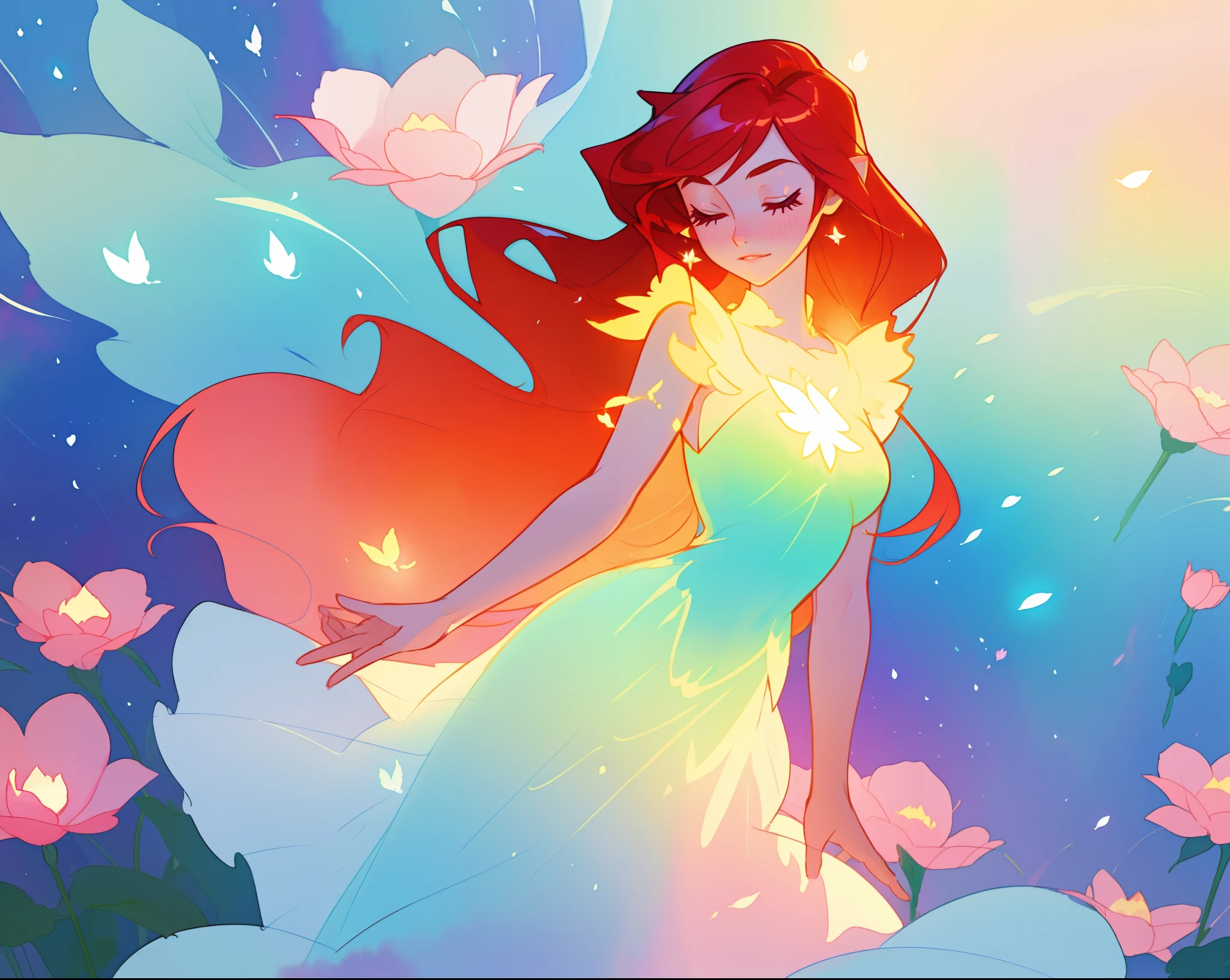 beautiful girl in flowing shimmering dress, fairy dress, long red hair, magical, whimsical, watercolor illustration, flowers and colorful plants, inspired by Glen Keane, inspired by Lois van Baarle, disney art style, by Lois van Baarle, glowing aura around her, by Glen Keane, jen bartel, glowing lights! digital painting, flowing glowing hair, glowing flowing hair, beautiful digital illustration, fantasia otherworldly landscape plants flowers, beautiful, masterpiece, best quality, anime disney style