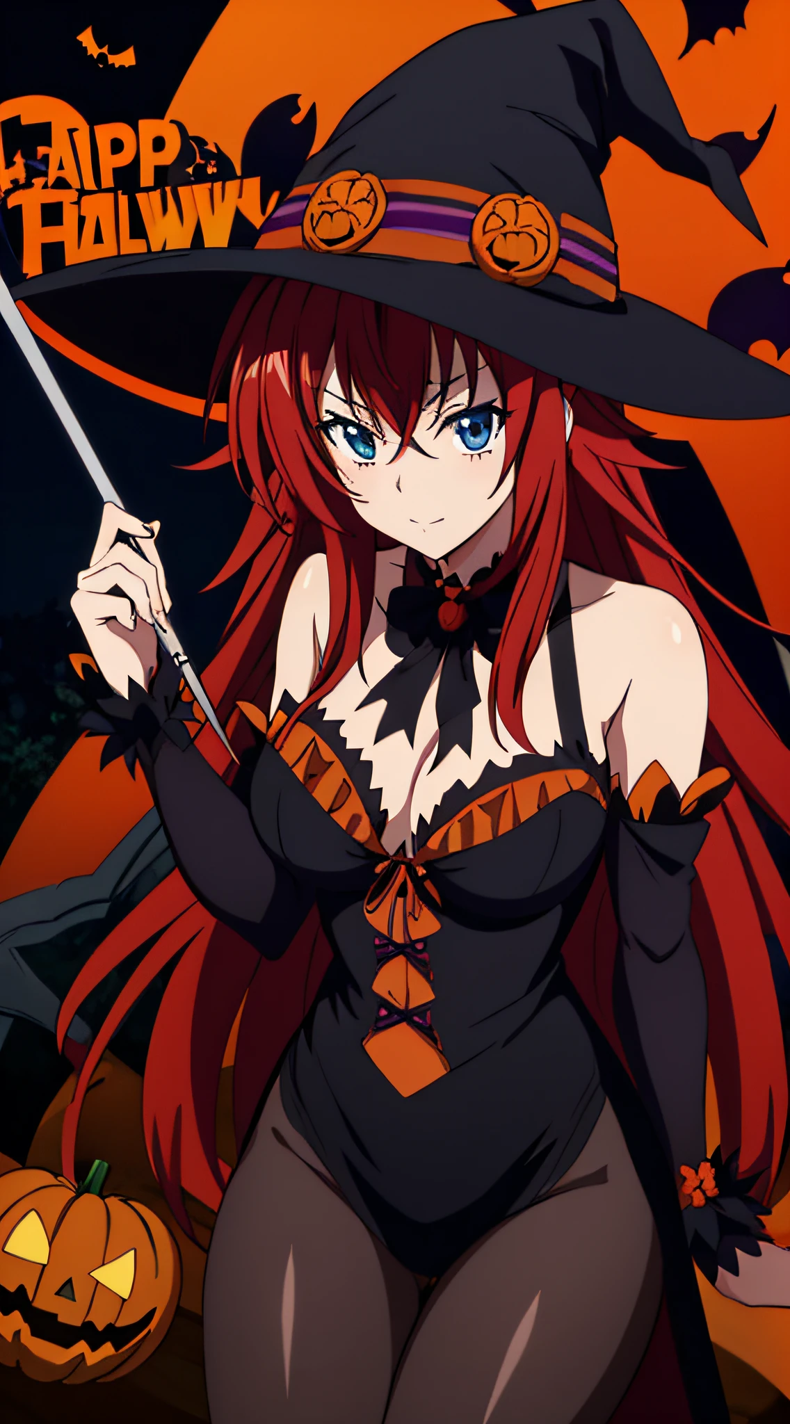 masterpiece, best quality, 1 girl, solo, Rias as witch, halloween background, witch,bats, evil pumpkins