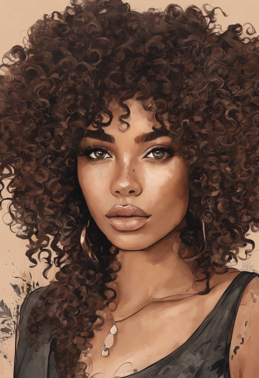 Medium brown skin black girl, 4a curly dark ash brown hair, big hair shoulder length, freckles under her eyes and on her nose , double nose piercing, medium sized pouty lips, big dark brown eyes
