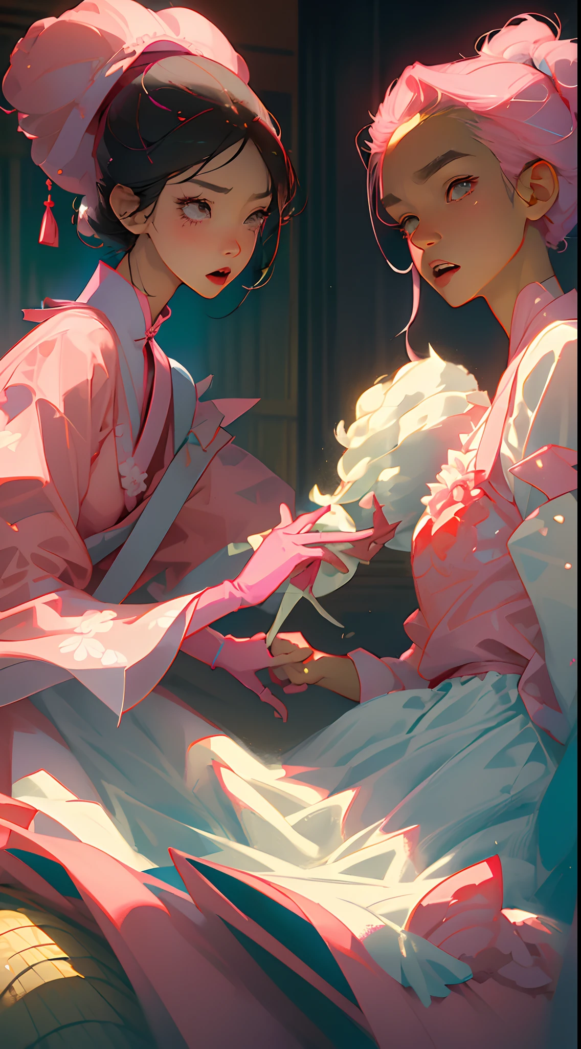 Illustration of a Japan female dental hygienist wearing a pink floral ruffled apron in a puff-sleeved dress treating a boy with an open mouth、masks、rubber glove