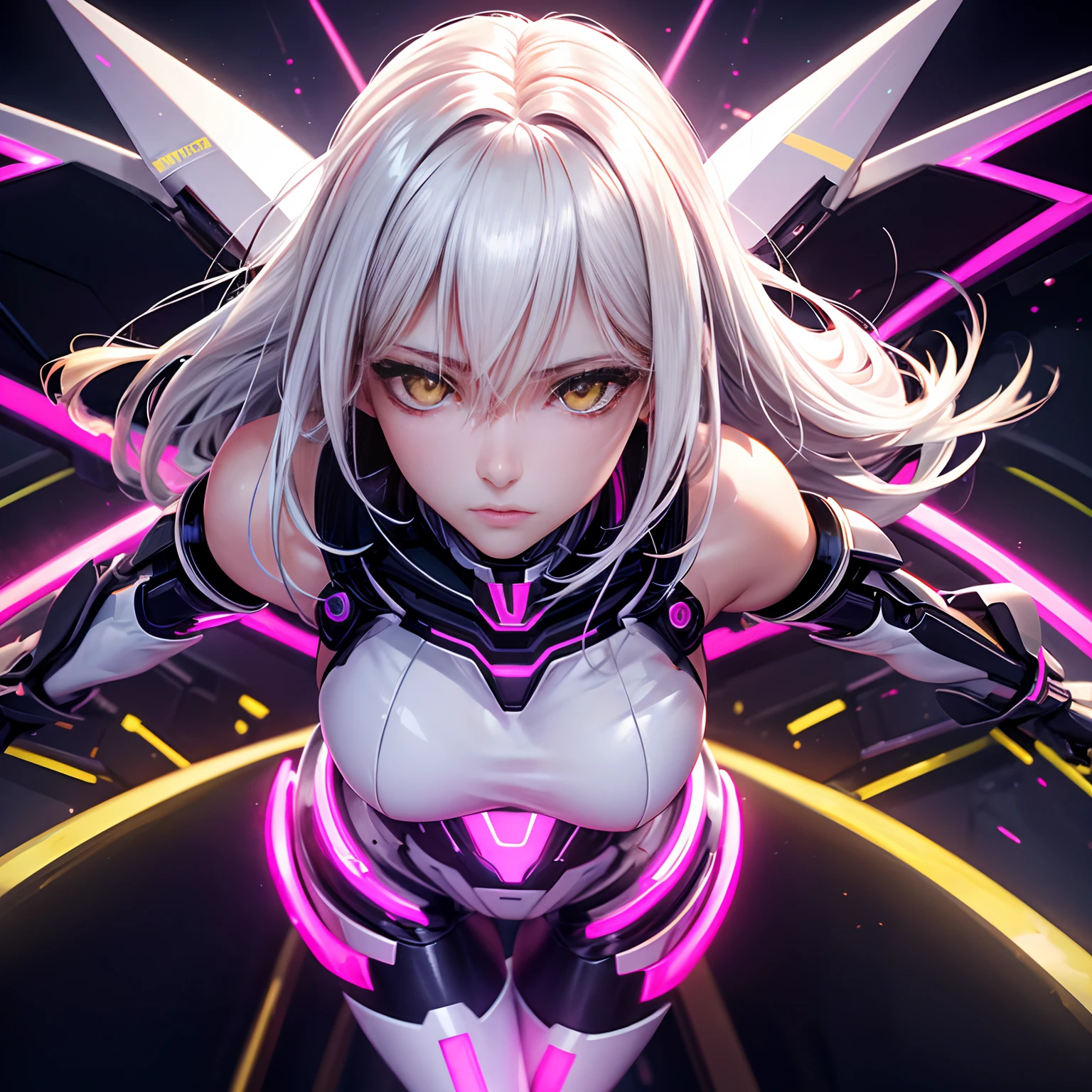 pretty, woman, Sexy face, Yellow eyes, White hair, Slim body, Sexy pose, Pink tights, Mecha, neon lights sign, nightcity, looking from above, High quality, Realistic, Beautiful light, fulldetail, Black background