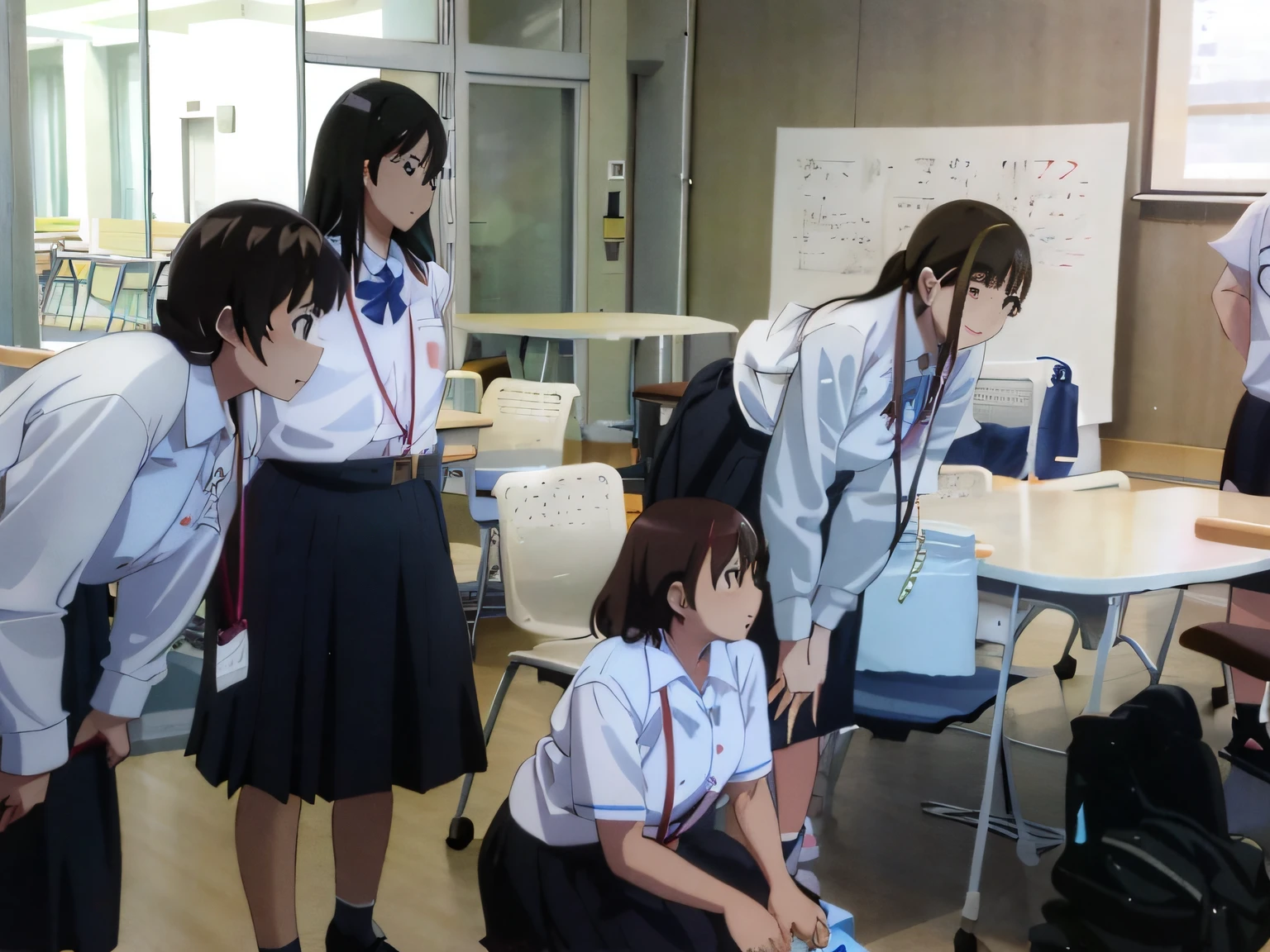 Several girls in school uniforms stand around a table, japanese high school, wearing japanese school uniform, Poses variadas, Japan school uniform, animated movie scene, 校服, Dynamic!!, typical anime classroom, : :, a smile, animesque, Ghibli style, sitting in classroom, standing in class, profile pose,Facial restoration