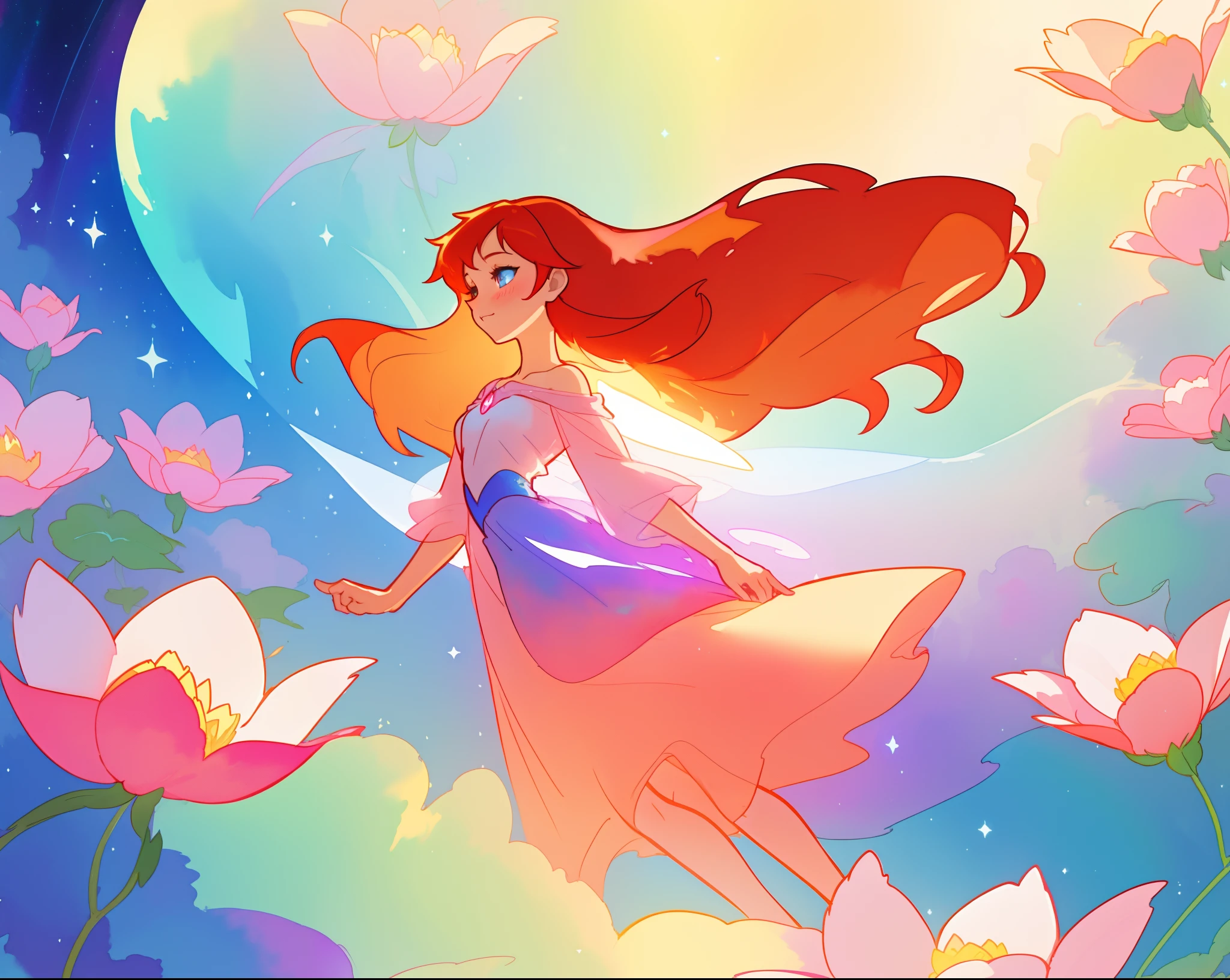 beautiful girl in flowing shimmering dress, fairy dress, long red hair, magical, whimsical, watercolor illustration, flowers and colorful plants, inspired by Glen Keane, inspired by Lois van Baarle, disney art style, by Lois van Baarle, glowing aura around her, by Glen Keane, jen bartel, glowing lights! digital painting, flowing glowing hair, glowing flowing hair, beautiful digital illustration, fantasia otherworldly landscape plants flowers, beautiful, masterpiece, best quality, anime disney style