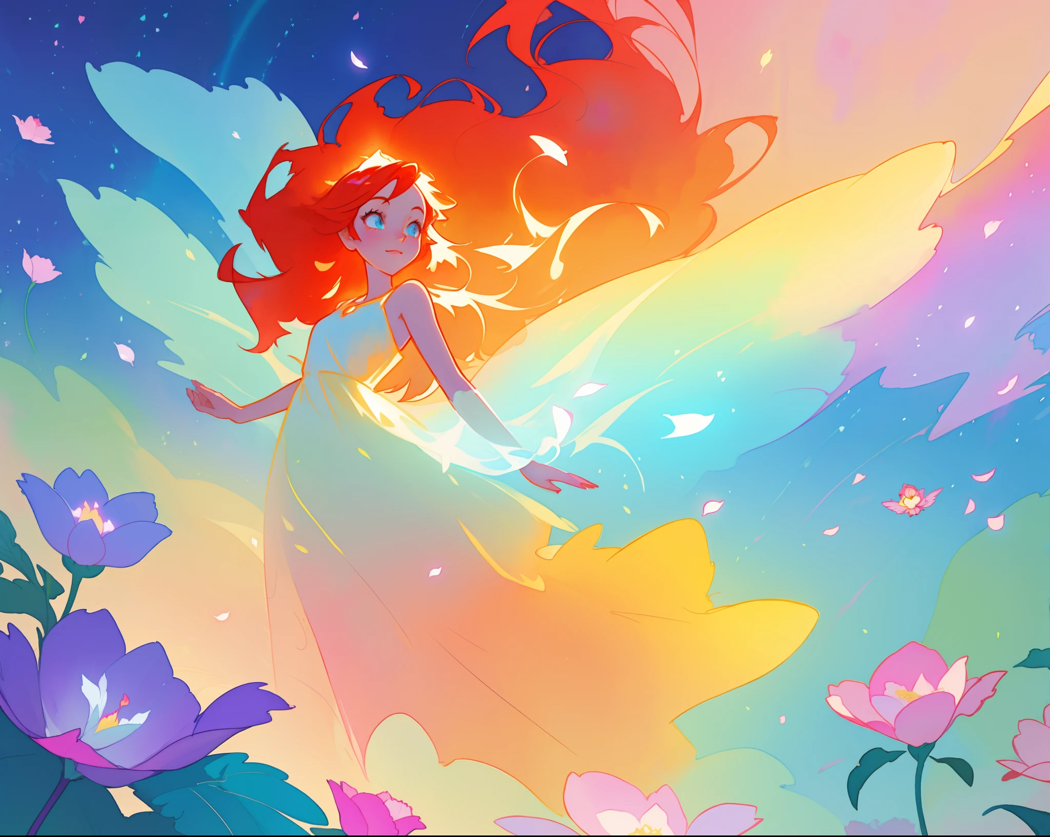 beautiful girl in flowing shimmering dress, fairy dress, long red hair, magical, whimsical, watercolor illustration, flowers and colorful plants, inspired by Glen Keane, inspired by Lois van Baarle, disney art style, by Lois van Baarle, glowing aura around her, by Glen Keane, jen bartel, glowing lights! digital painting, flowing glowing hair, glowing flowing hair, beautiful digital illustration, fantasia otherworldly landscape plants flowers, beautiful, masterpiece, best quality, anime disney style
