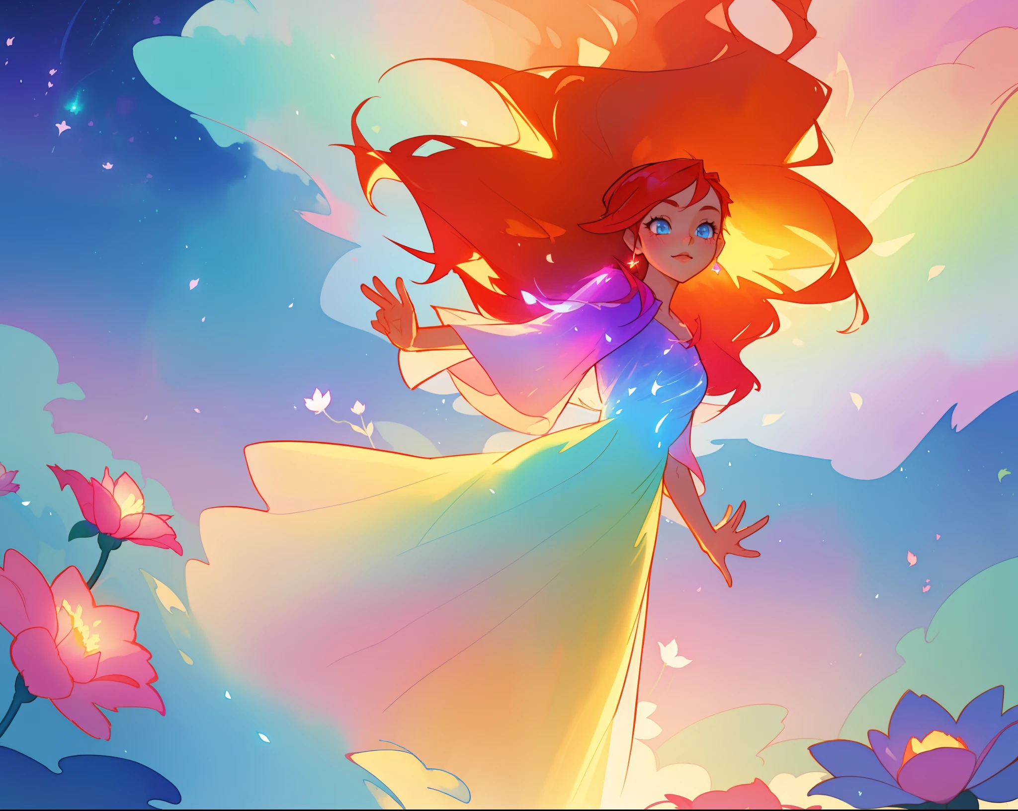 beautiful girl in flowing shimmering dress, fairy dress, long red hair, magical, whimsical, watercolor illustration, flowers and colorful plants, inspired by Glen Keane, inspired by Lois van Baarle, disney art style, by Lois van Baarle, glowing aura around her, by Glen Keane, jen bartel, glowing lights! digital painting, flowing glowing hair, glowing flowing hair, beautiful digital illustration, fantasia otherworldly landscape plants flowers, beautiful, masterpiece, best quality, anime disney style