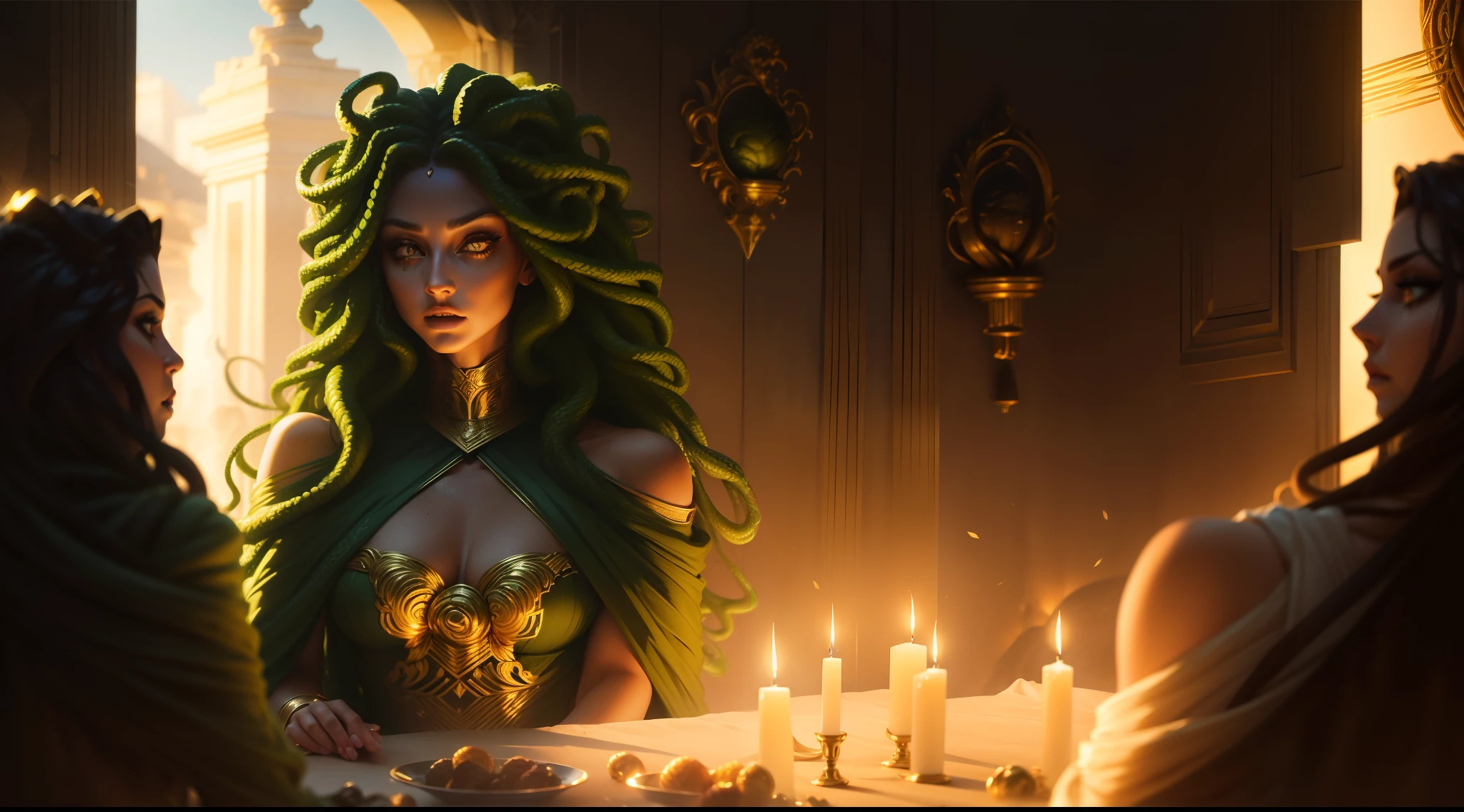 ((medusa)), ((the hair is golden, vestido grego curto)), (olhos verdes da cobra), face feminina, Rosto alto e detalhado, olhos altamente detalhados,16k, Foto RAW, melhor qualidade, master part, Foto colorida RAW de alto detalhe, dramatic lighting, Cinematic lighting,