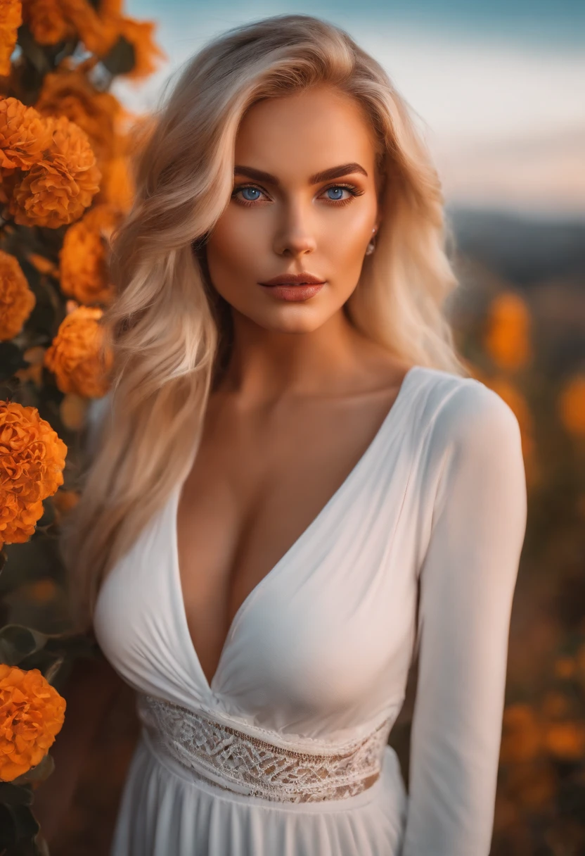 realistic white female instagram influencer, best quality, blonde, 1 girl, blue eyes, in white tight short dress