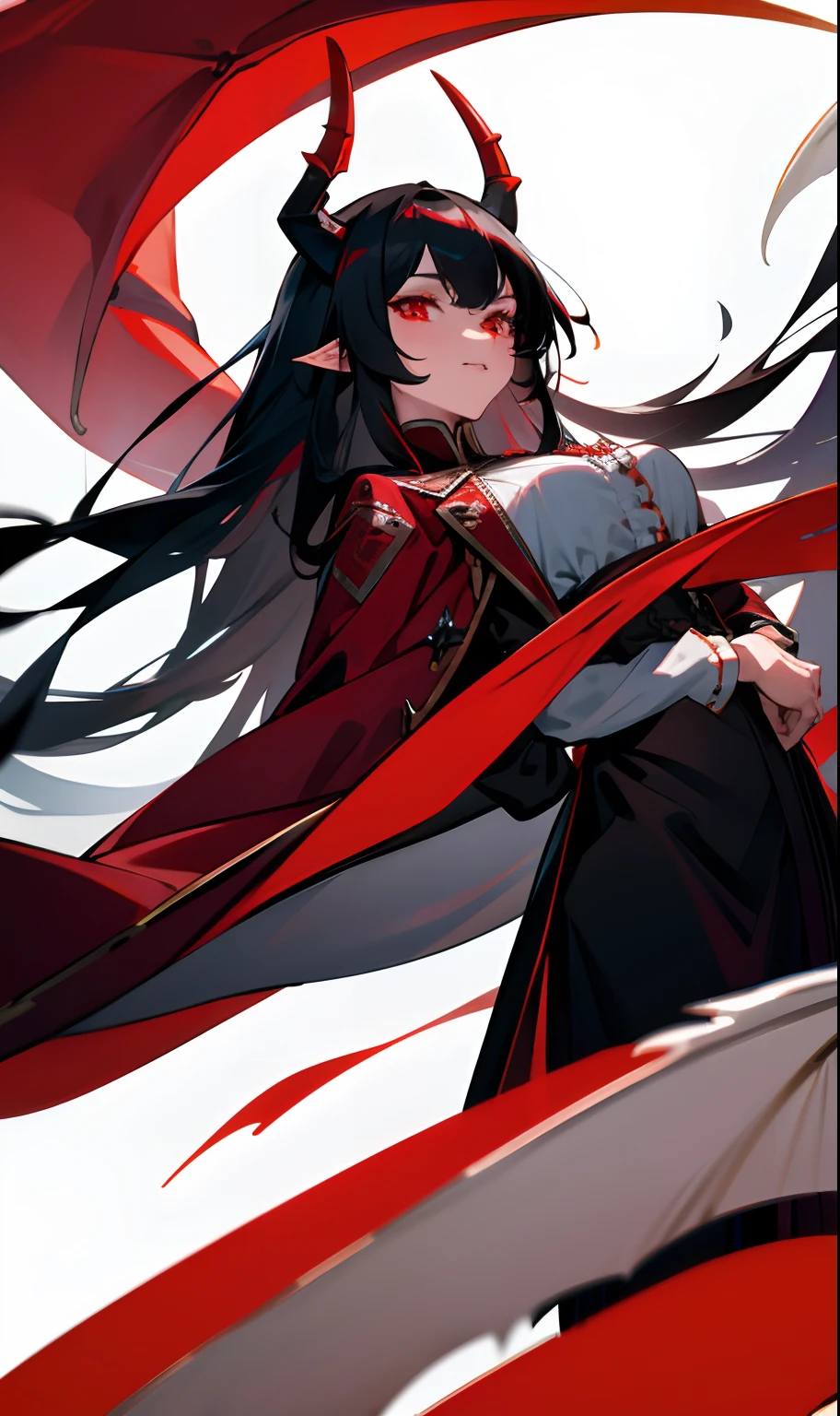 Humanoid dragon milf woman wearing red eyes and long black hair with white horns and white dragon tail while wearing a black blouse and a red overcoat over royalty
