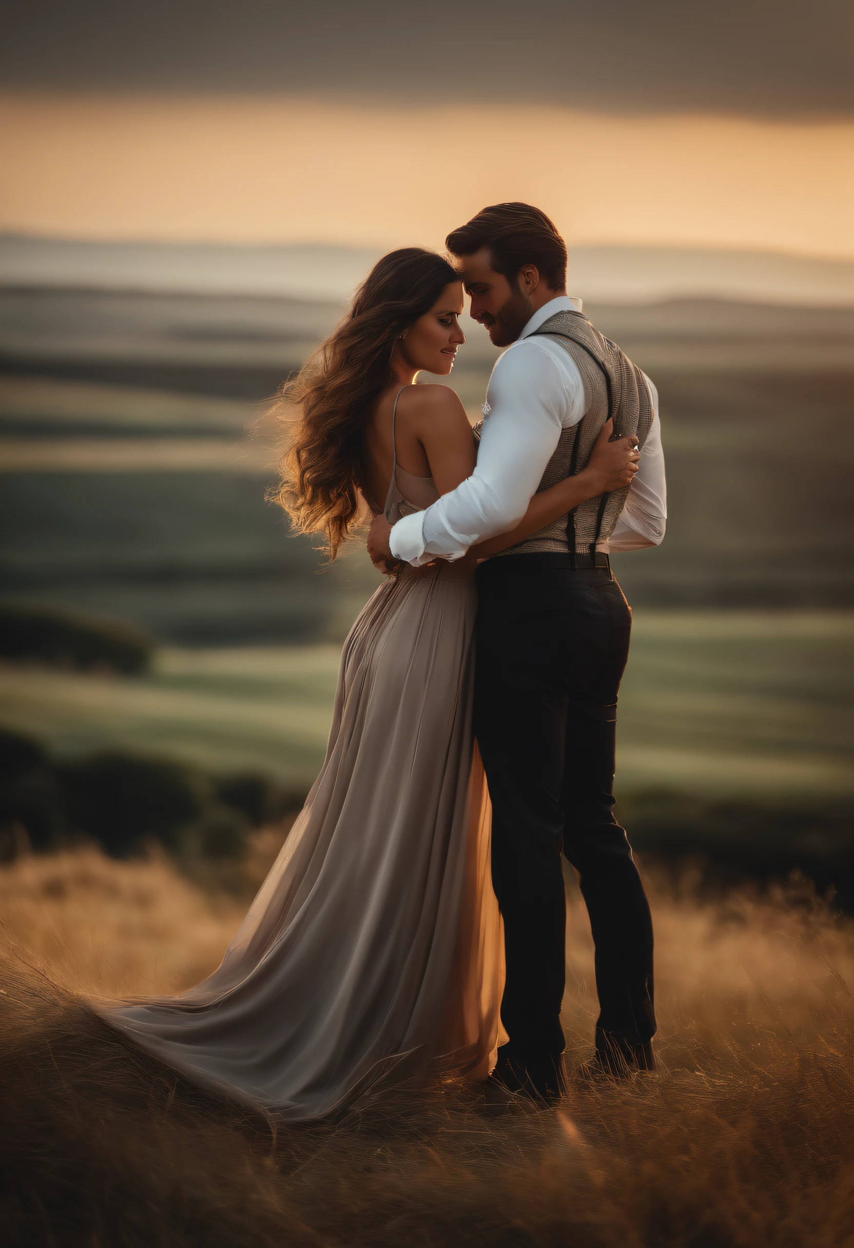 a beautiful couple romantic pose n and beautiful woman, cabelo preto, vestir,Embraced, campo, , homens fofos, Back to Back, 4k, desenho digital, animification,e, por, ilustrar