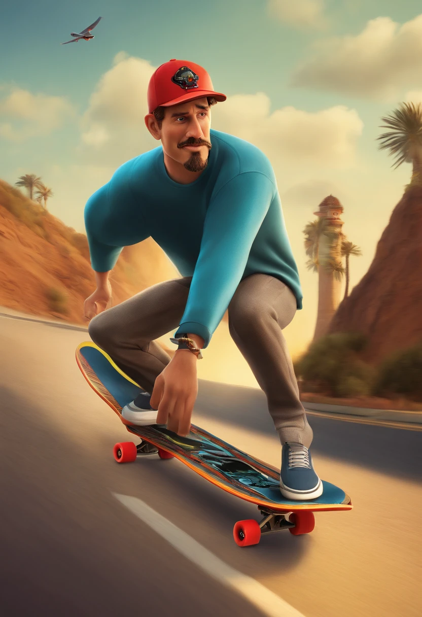 cartaz da pixar no estilo tony hawks, com um personagem gordinho, wearing a cap and goatee
