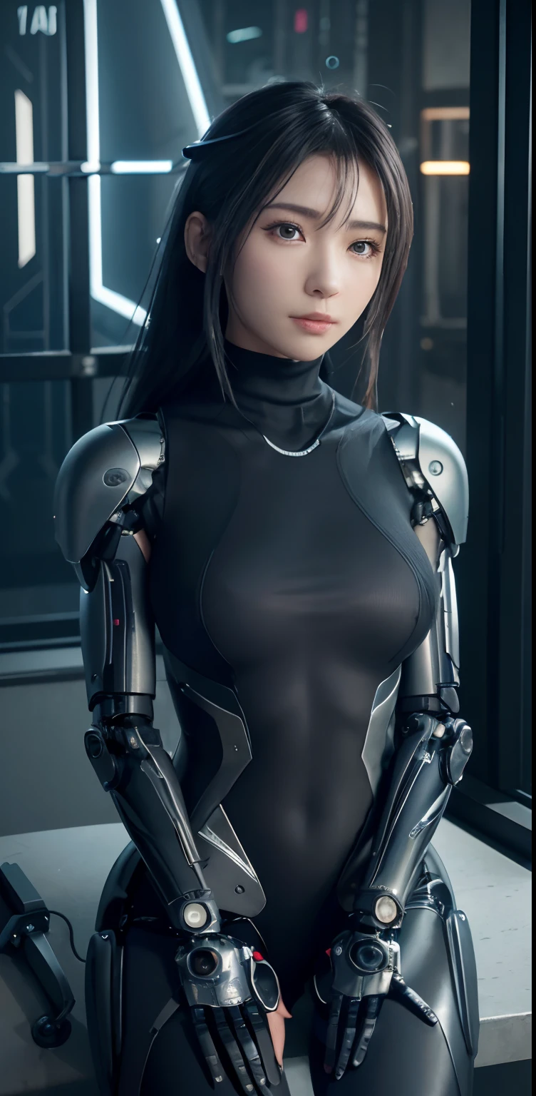 (Mejor calidad, obra maestra), 1 chica, bodysuit cyberpunk, chica cyborg, mirando al espectador, brazos mecanicos, fondo degradado, sin fondo, cowboy shot.