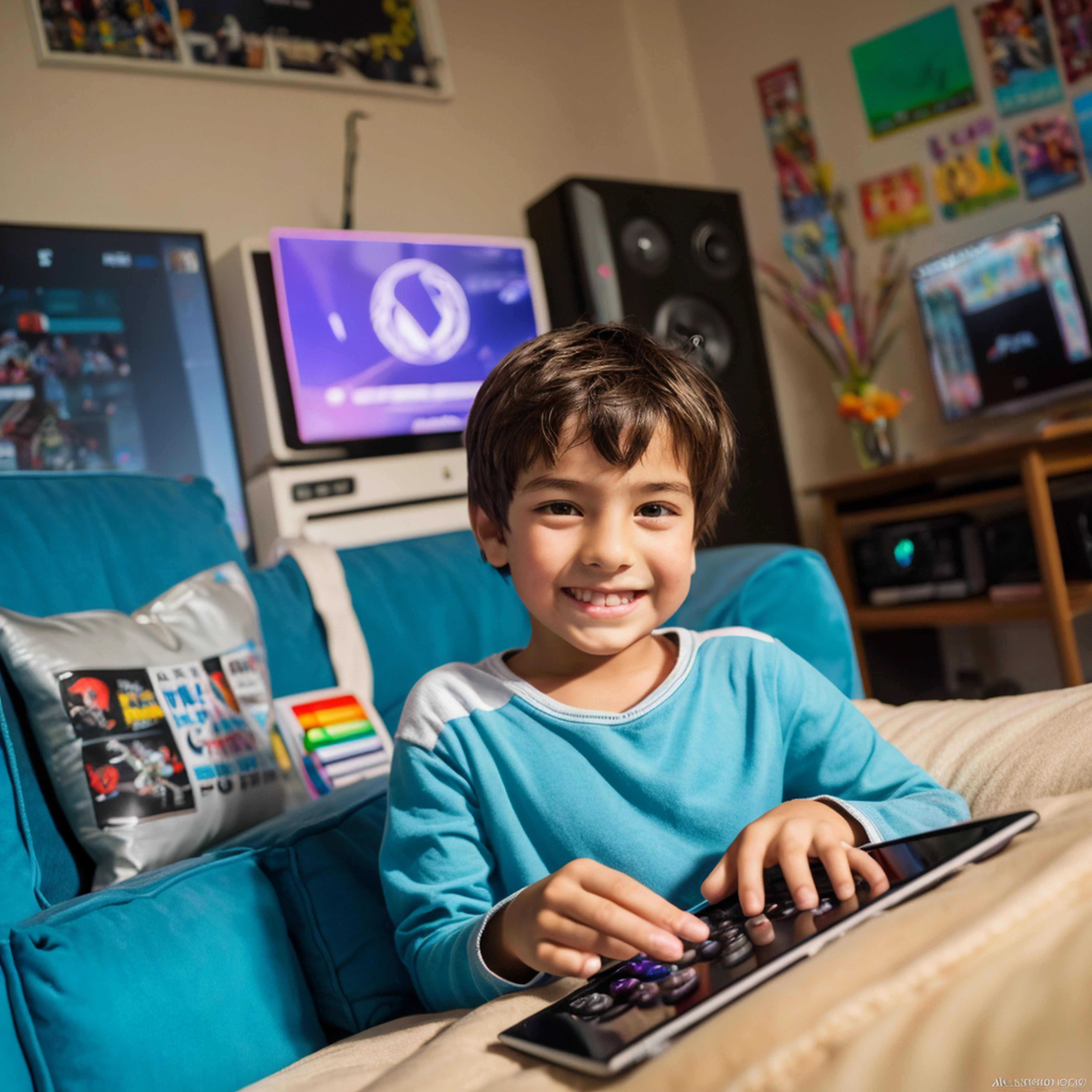 (fotorrealista, Altas:1.2), 10 year old child playing game on tablet, dedos detalhados, Blue sofa, casa simples, Various gaming posters in the background, brunette child, happy expression