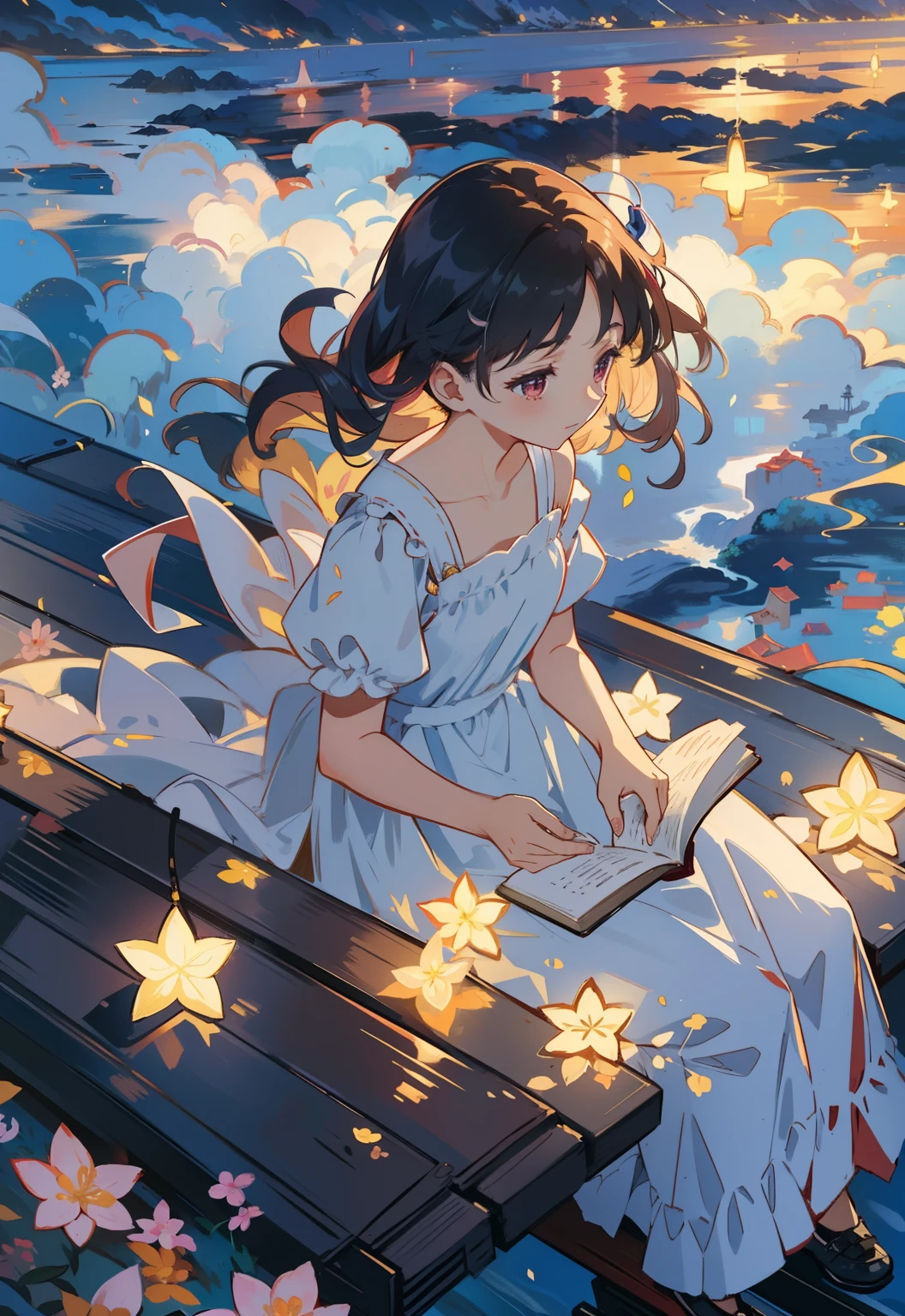 4. Maroon bookish time：Beautiful maiden sitting on the roof of a running train，She wore a dress，Read books with enthusiasm，Surrounded by the scent of books and warm lighting。Princess Alice's Wonderland slowly clears the fog，Enchanting scenery Xu々Spread up。Dressed in a gorgeous dress。She coexists with charming magical animals，Her long, Silky hair fluttering in the breeze。Flowers with colorful petals々々，It adds a mystical charm to her arrival。