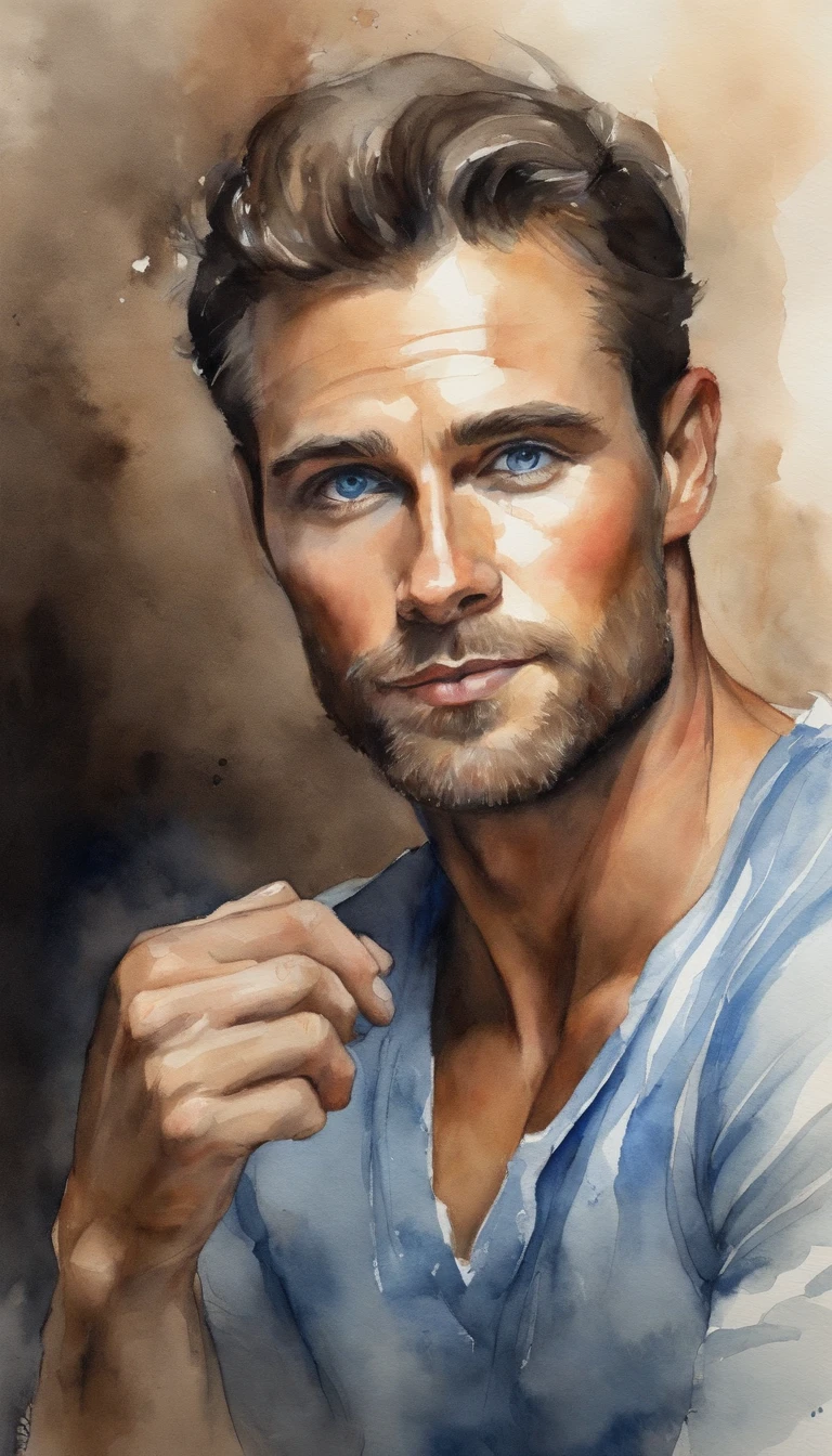 Handsome guy with intense blue eyes is sitting in a completely dark room. There's a lit candle 30 centimeters away from his face, illuminating his beautiful features. Photorealistic style. 8k resolution. Very detailed.