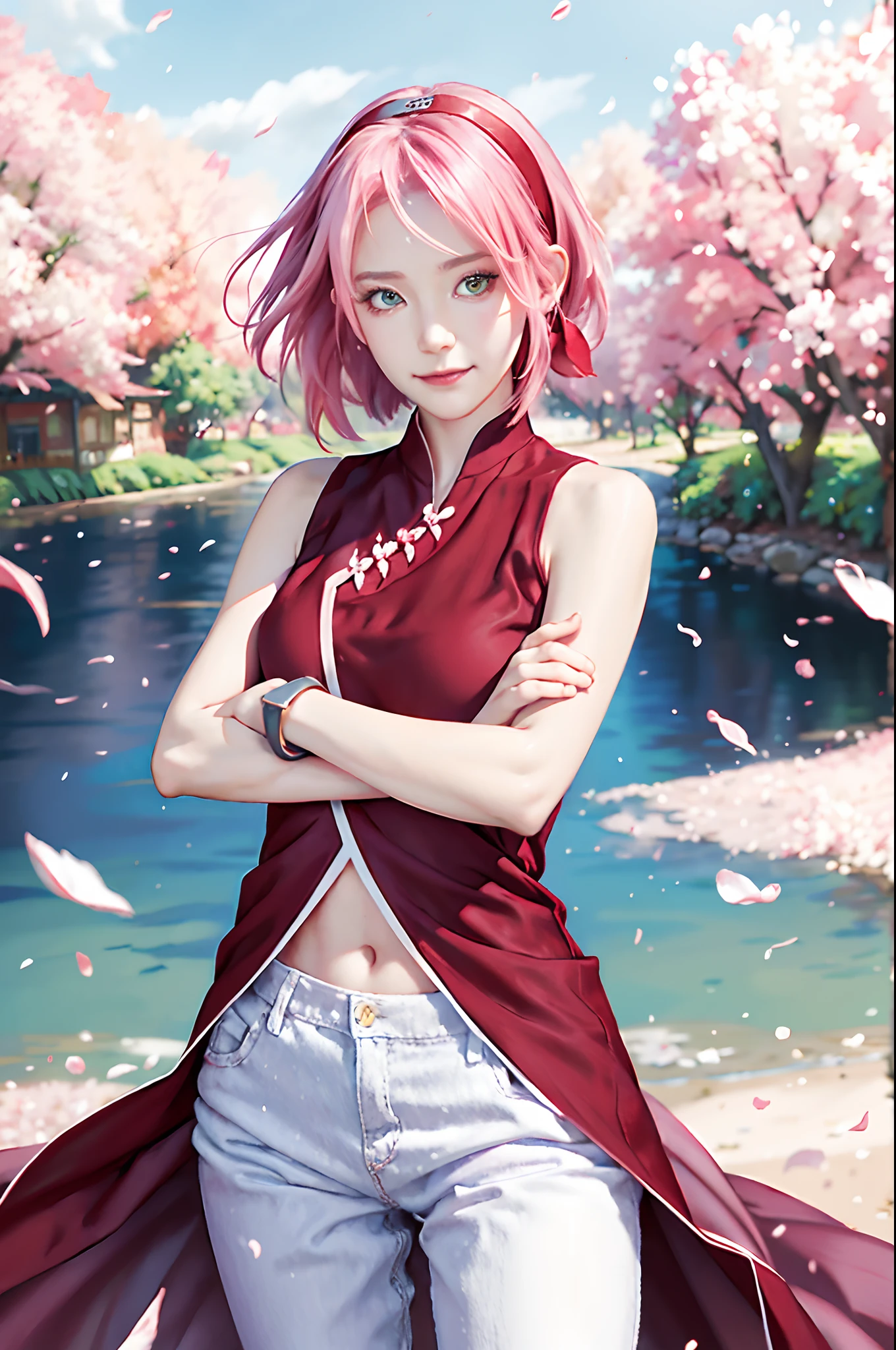 1girl, haruno sakura, pink hair, short hair, green eyes, red clothes, big breasts, jungle background, realistic, ultra detail