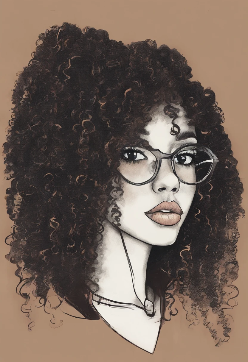Medium brown skin black girl, 4a curly dark ash brown hair, big hair shoulder length, freckles under her eyes and on her nose , double nose piercing, medium sized pouty lips, big dark brown eyes, round face , nerdy/awkward