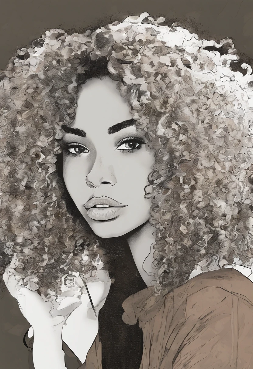 Medium brown skin black girl, 4a curly dark ash brown hair, big hair shoulder length, freckles under her eyes and on her nose , double nose piercing, medium sized pouty lips, big dark brown eyes, round face , nerdy/awkward