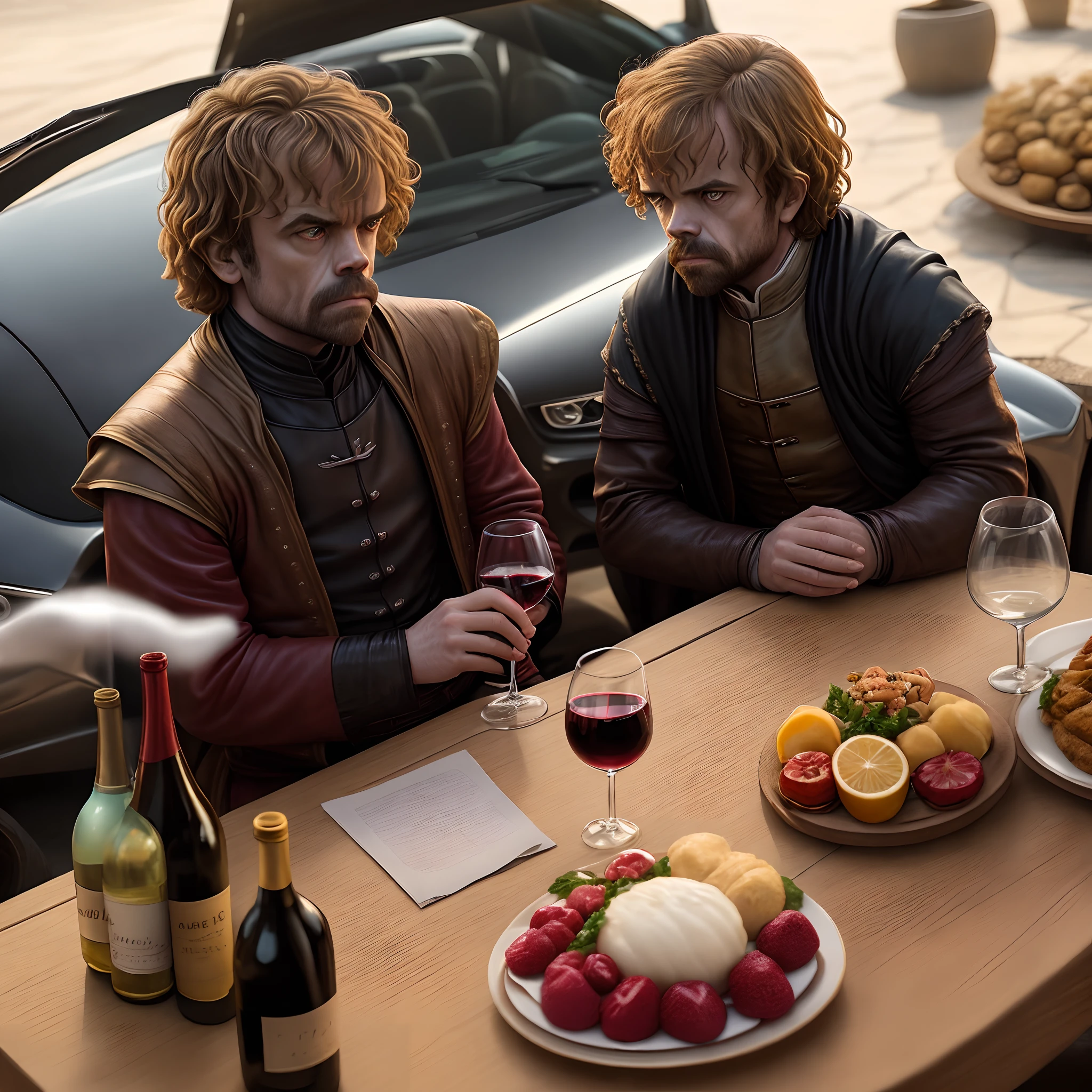Tyrion Lannister drinking wine in a dodge sports car