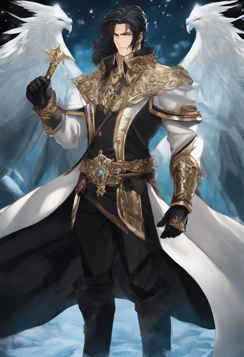 Um guerreiro negro de anime com 22 anos, com cabelo preto, olhos sombrios e uma cicatriz no olho esquerdo, em formato de um cristal de gelo, the result of his relationship with the icy element. His authoritarian appearance reflects his role as leader of the Ice Warriors.