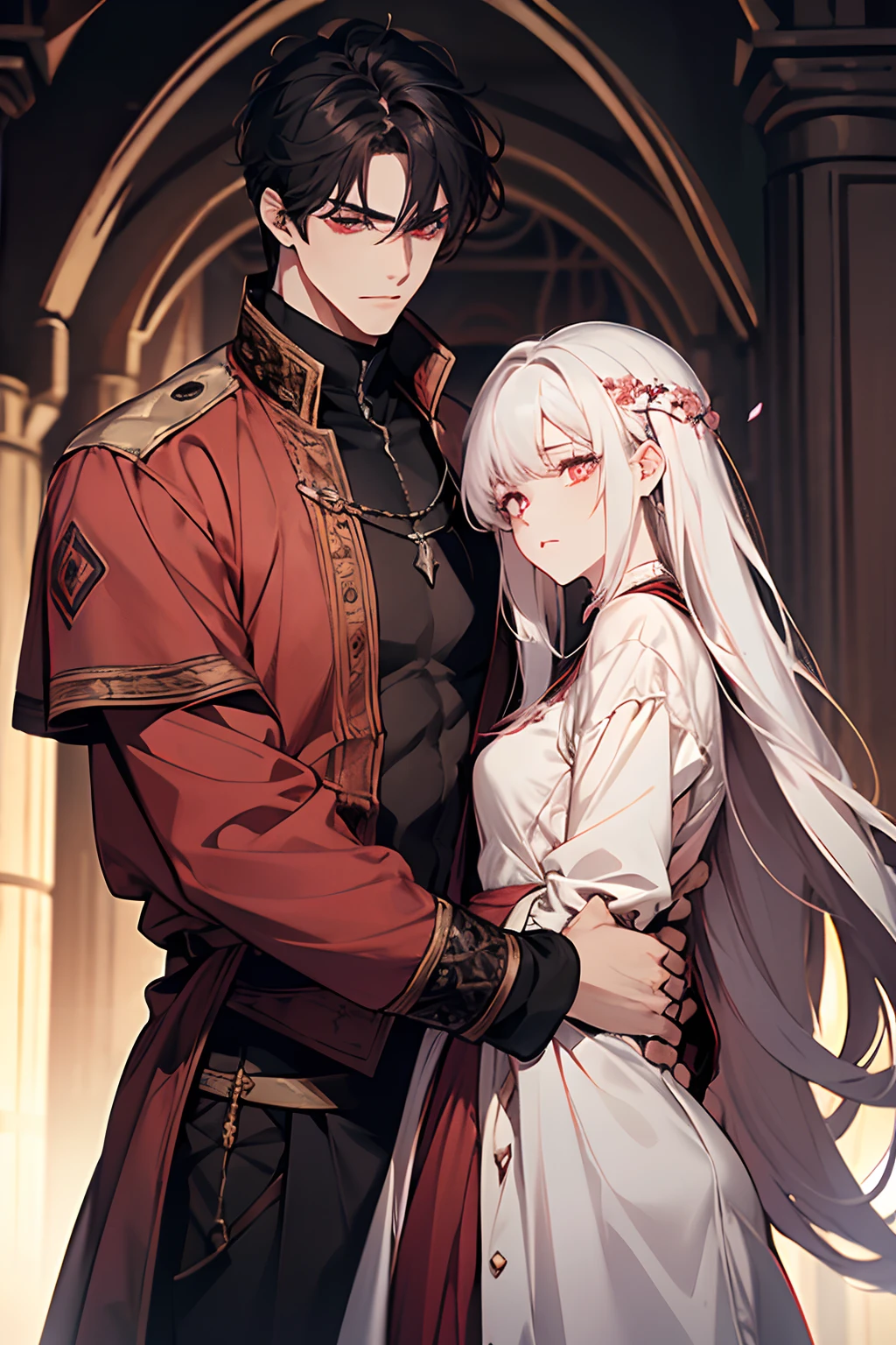 1 couple, 1 male and 1 female, adult, adult face, human, (male: black hair with bangs), (female: white hair), (male: red eyes), (female: rose pink eyes), (female: small breasts), (male: handsome), (female: shy), (male:calm), medieval fantasy
