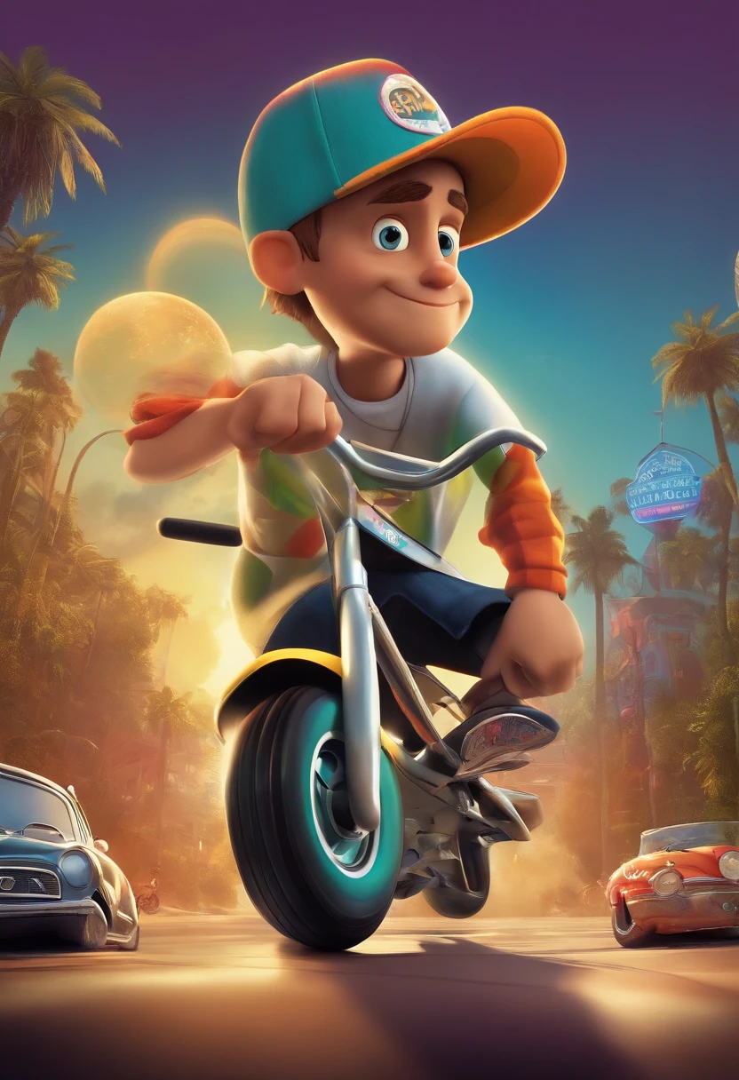 cartaz da pixar no estilo tony hawks, com um personagem gordinho, wearing a cap and goatee