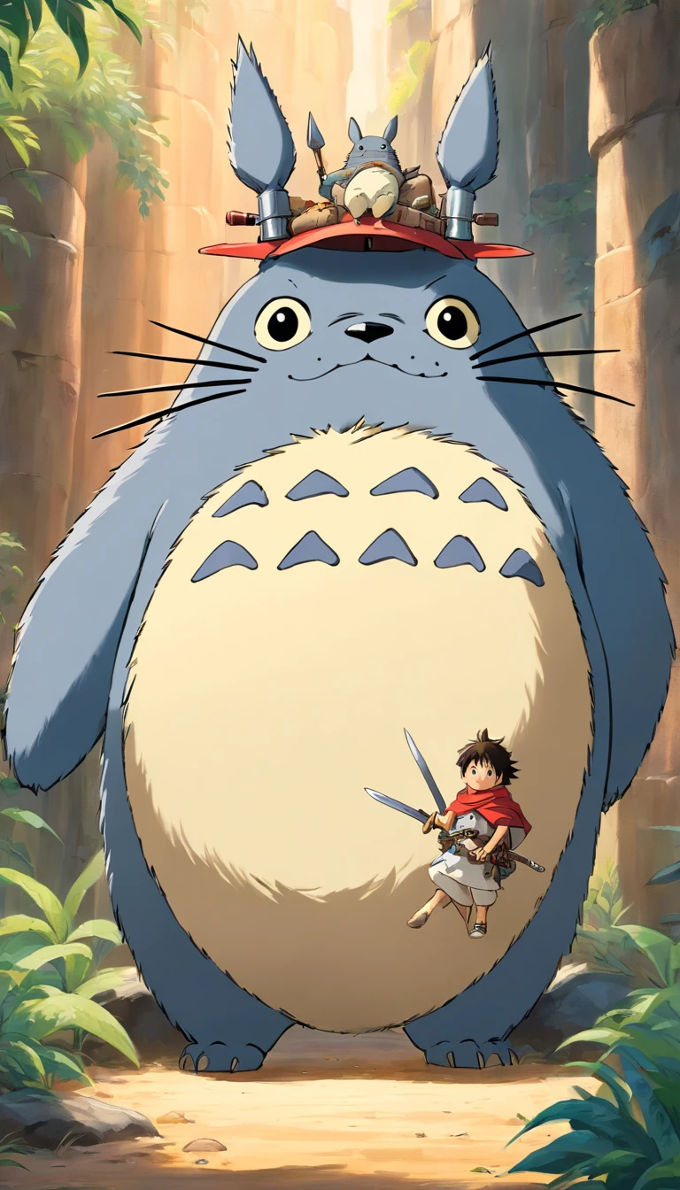 Totoro, Warrior equipment , Cold weapon in hand, A desert,No Man