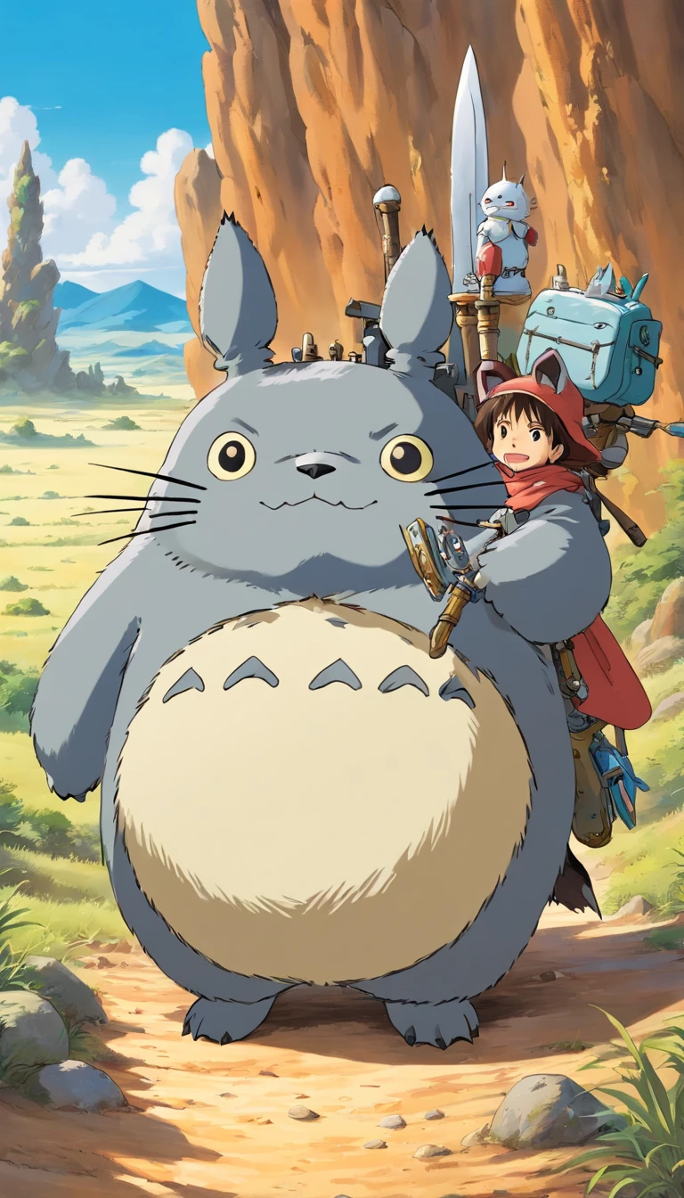 Totoro, Warrior equipment , Cold weapon in hand, A desert,No Man