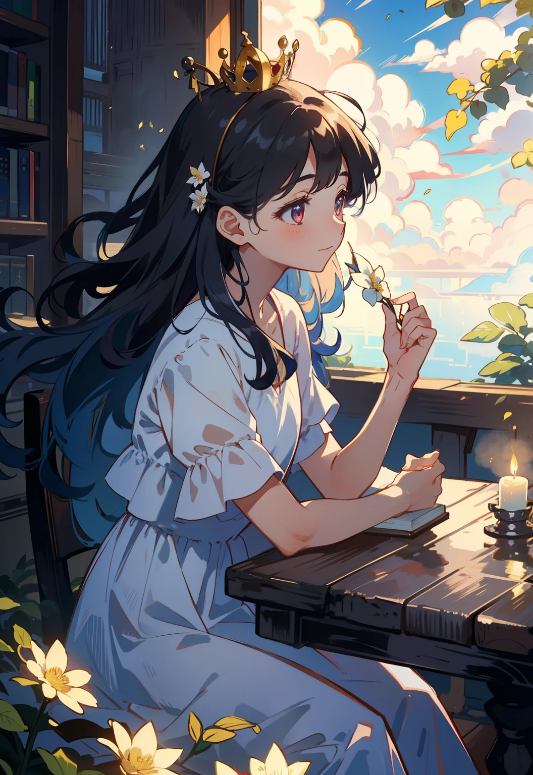 4. Maroon bookish time：, A beautiful woman sitting at a poor dining table，She wore a dress，Read books with enthusiasm，Surrounded by the scent of books and warm lighting。Wonderland slowly clears the fog，Enchanting scenery Xu々Spread up。She wears a gorgeous crown，Dressed in a gorgeous dress。She coexists with charming magical animals，Her long, Silky hair fluttering in the breeze。Flowers with multicolored petals々々，It adds a mystical charm to her arrival。