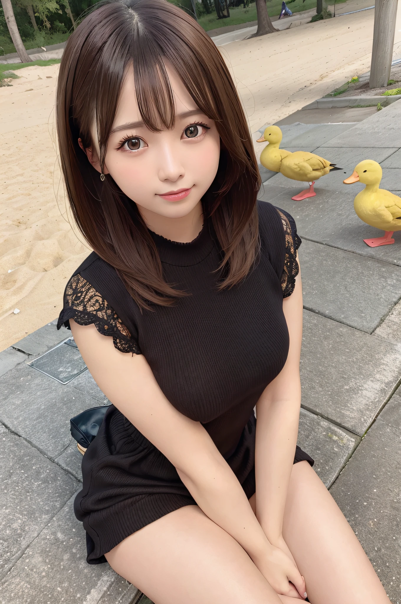 best quality, ultra high resolution, (photorealistic: 1.4), (detailed beautiful girl: 1.4), (medium breasts: 0.8), olhando_no_visualizador, detailed facial details, beautiful and detailed eyes, (blonde hair | brown), brown eyes, smile (makeup: 0.4), red lips, (full body, sitting, beach), very detailed clothes, (ulzzang-6500-v1. 1:0.3) \ , yellow ducks, strong wind,