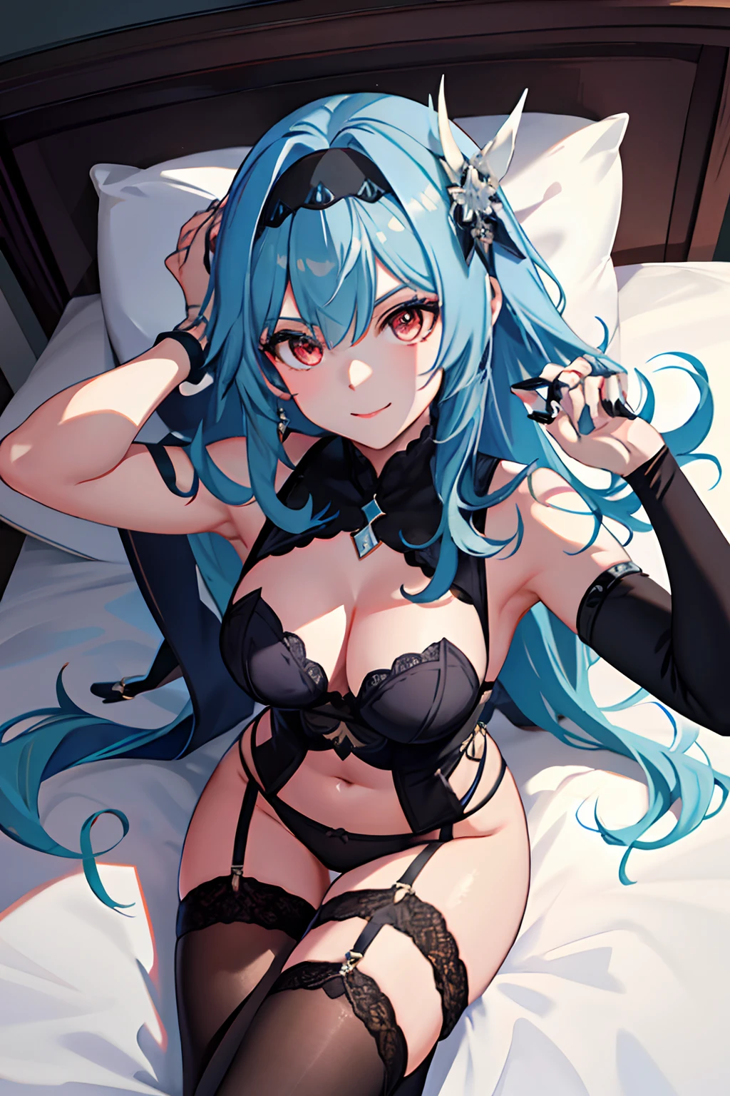 8k, highres, ultra detailed, (masterpiece:1.4),, 1girl , bare shoulders , black headband , black thighhighs , blue hair , blue nails , garter straps , gradient eyes , large breasts , lingerie , long hair , looking at viewer , medium hair , multicolored eyes , nail polish , navel , lying on bed , lying on side , smile , solo , tiara , underwear, eula (genshin impact)
